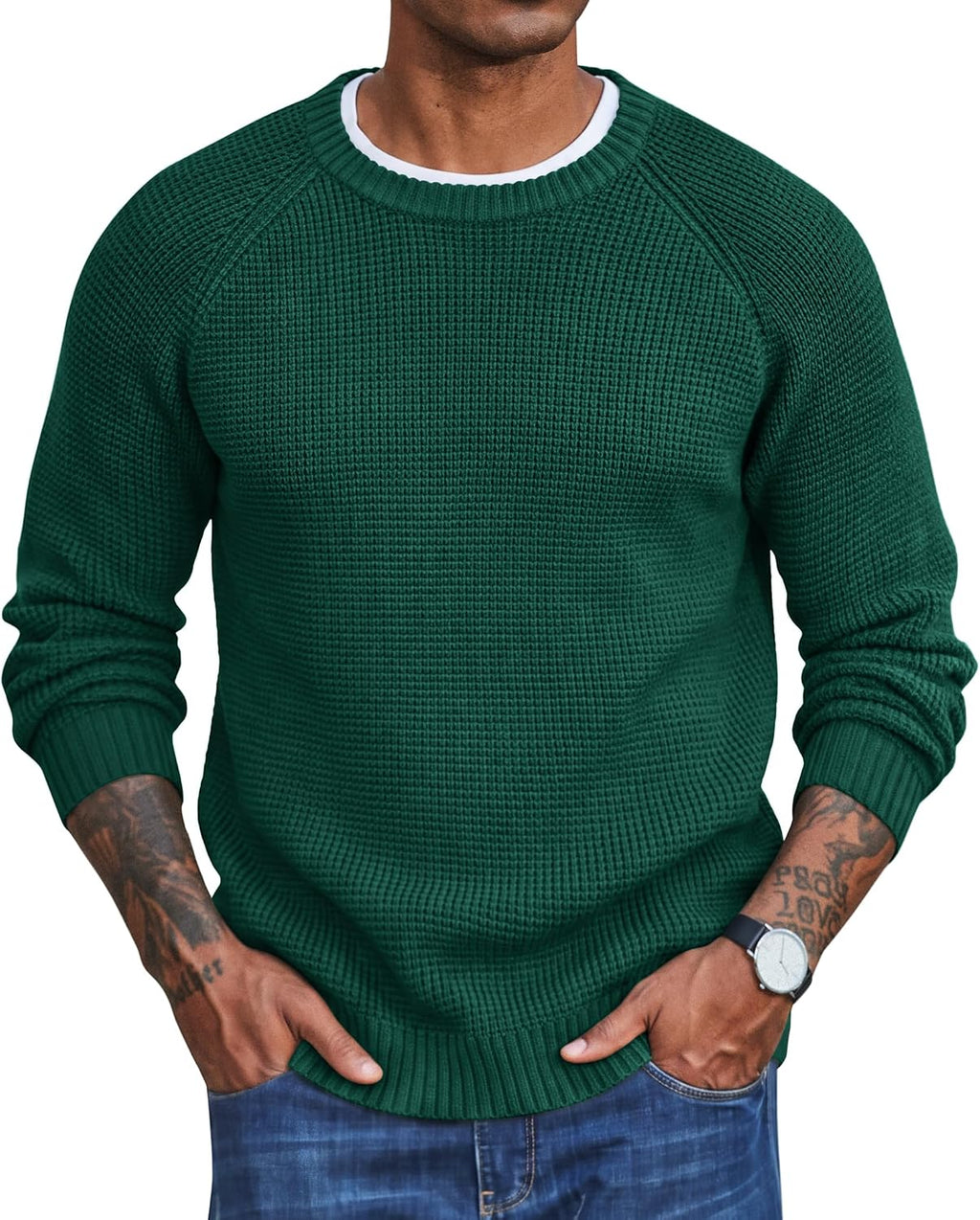 Men's Thick Waffle Knit Crewneck Sweater - Raglan Long Sleeve Stretch Pullover for Cold Weather Layering - Small