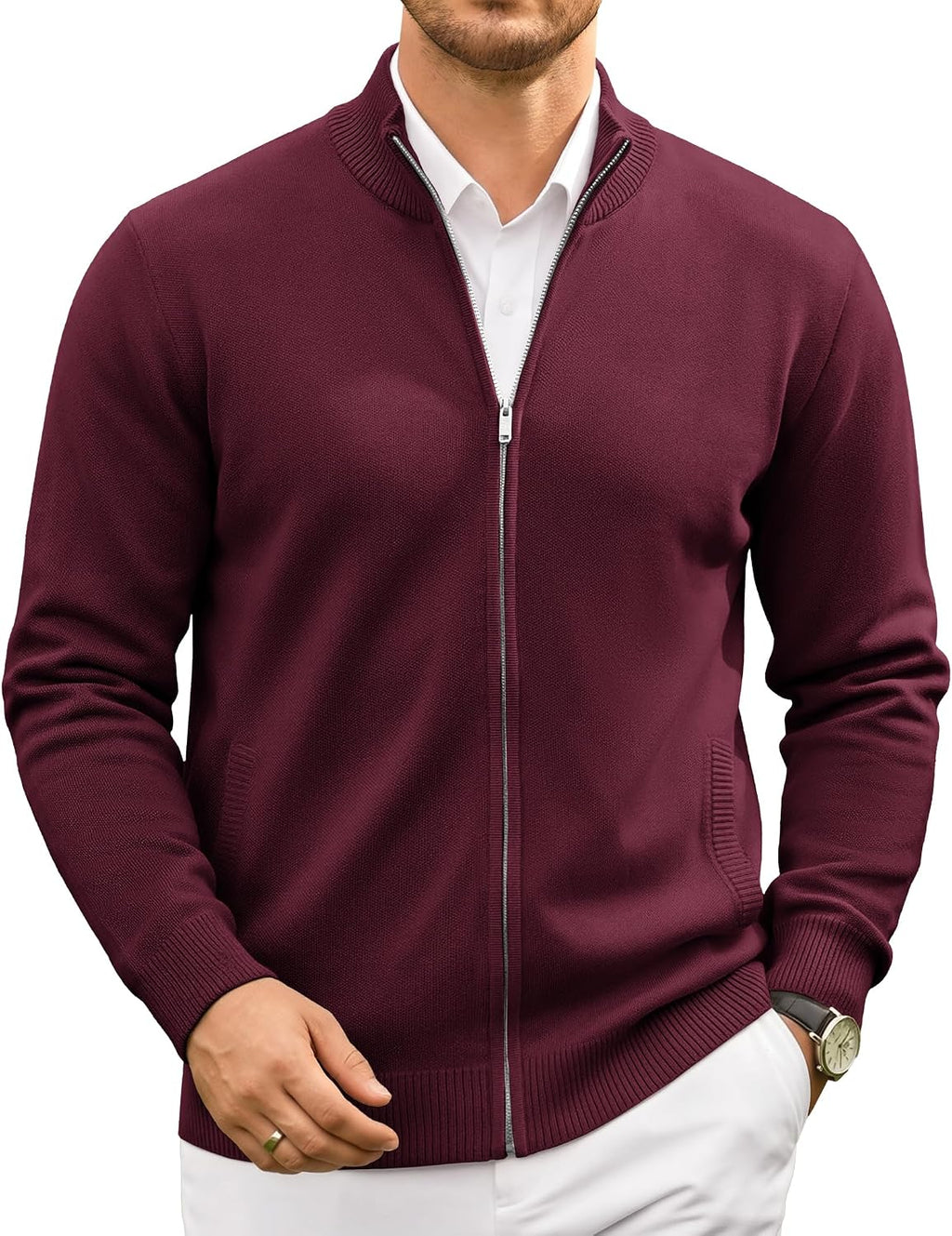 Men's Fair Isle Full Zip Cardigan - Mock Neck Knitwear with Two Slant Pockets and Relaxed Fit for Winter - Small