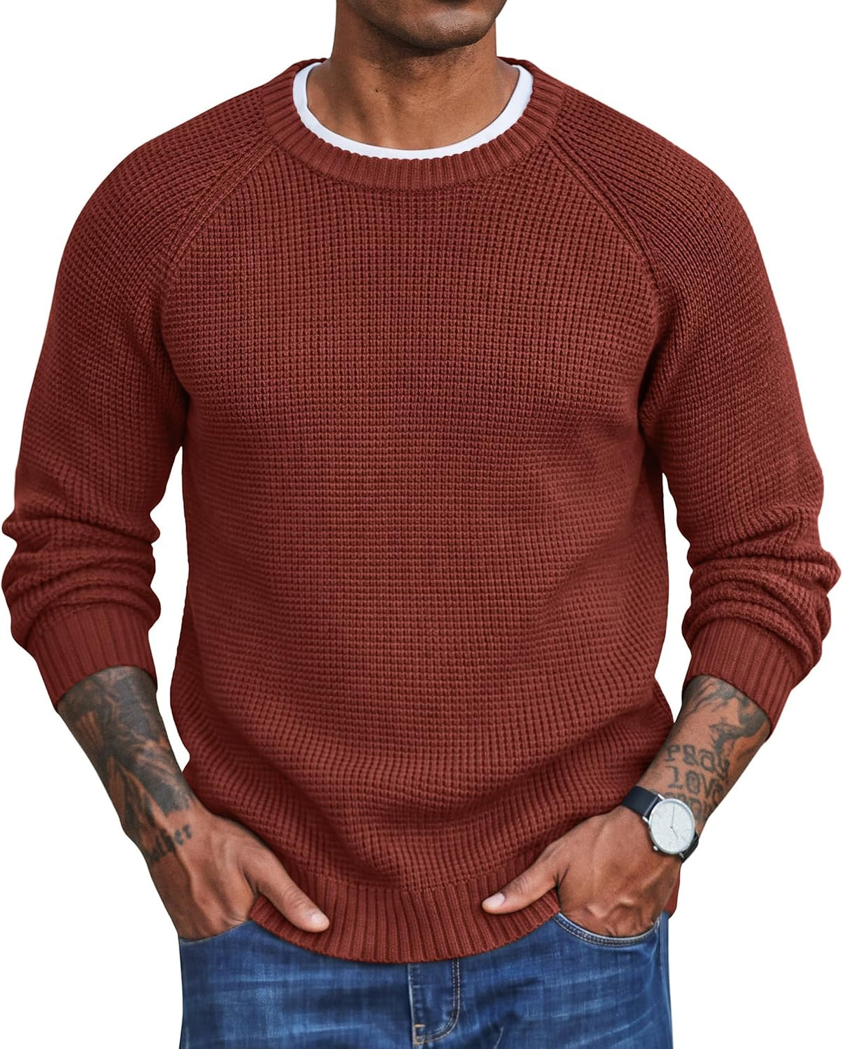 Men's Thick Waffle Knit Crewneck Sweater in Wine Red