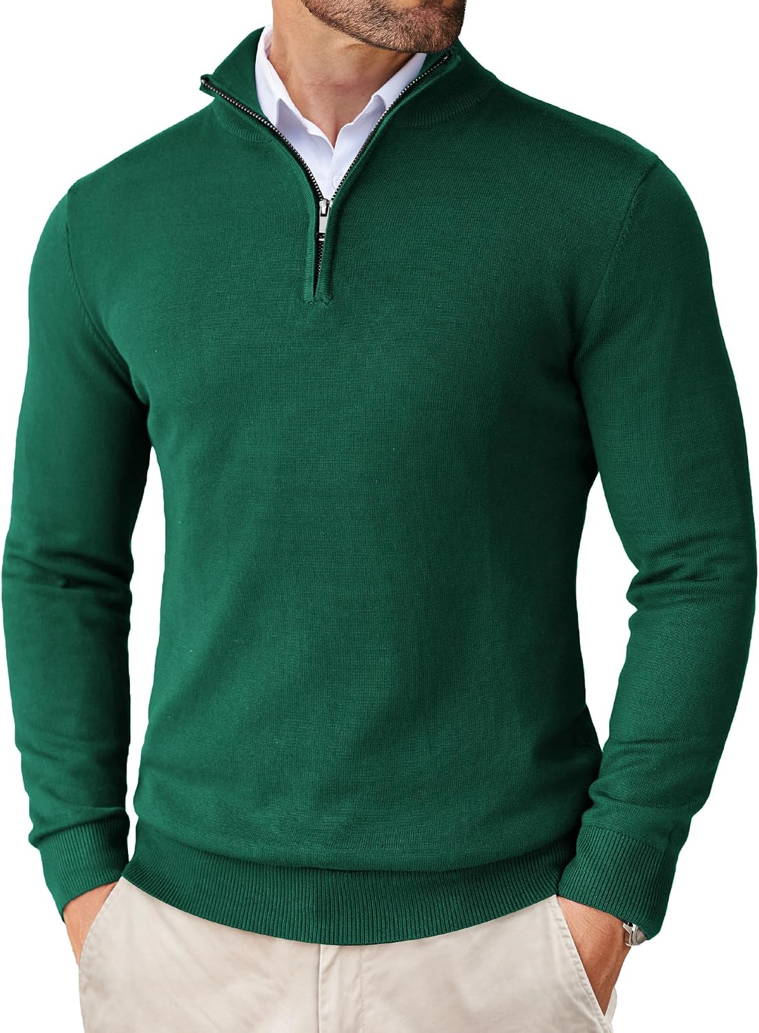 Men's Lightweight Knit Quarter Zip Pullover - Slim Fit Mock Neck with Metal Zipper Pull for Fall Office Days - Large (32