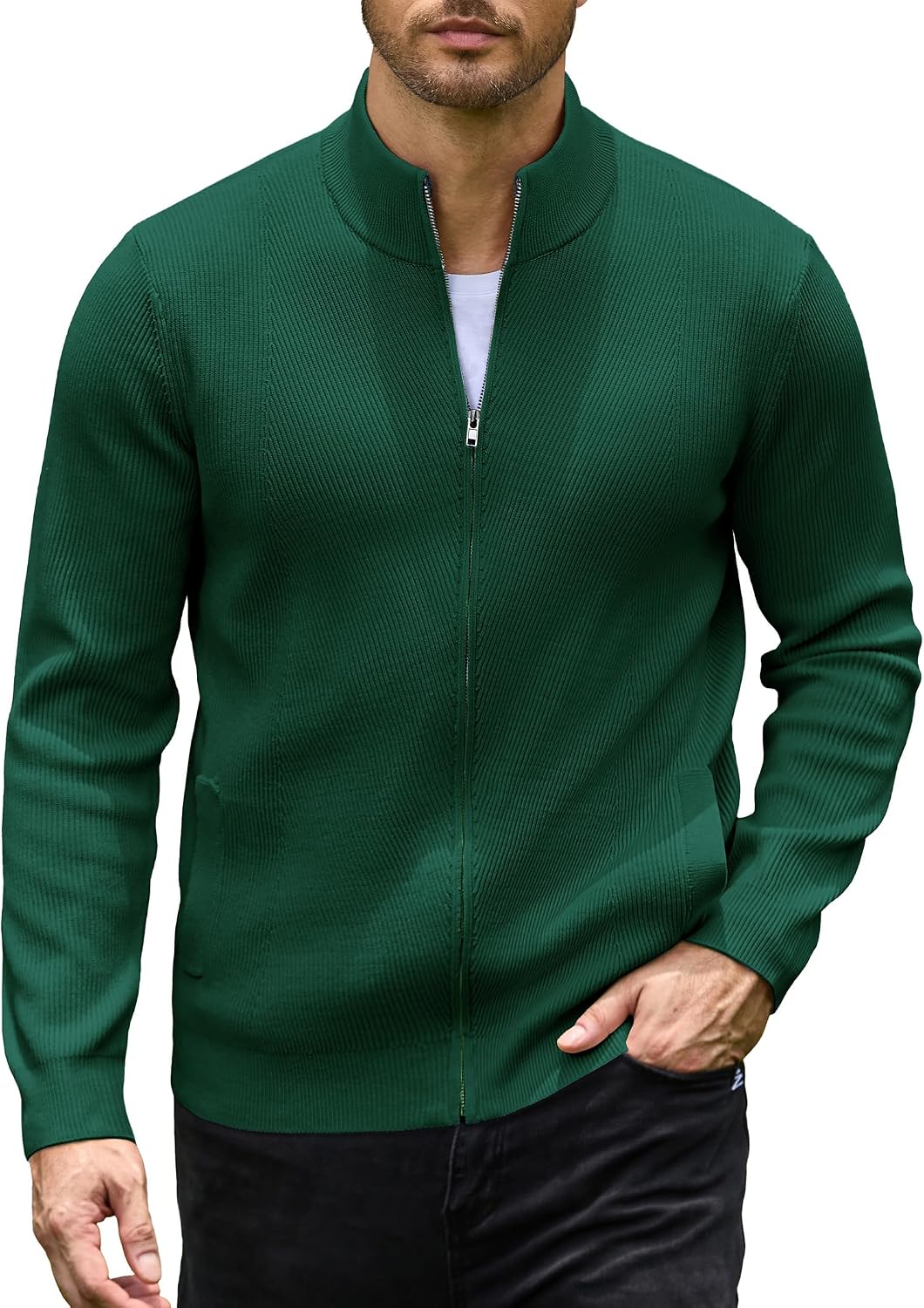 Men's Textured Knit Zip Up Cardigan in Green