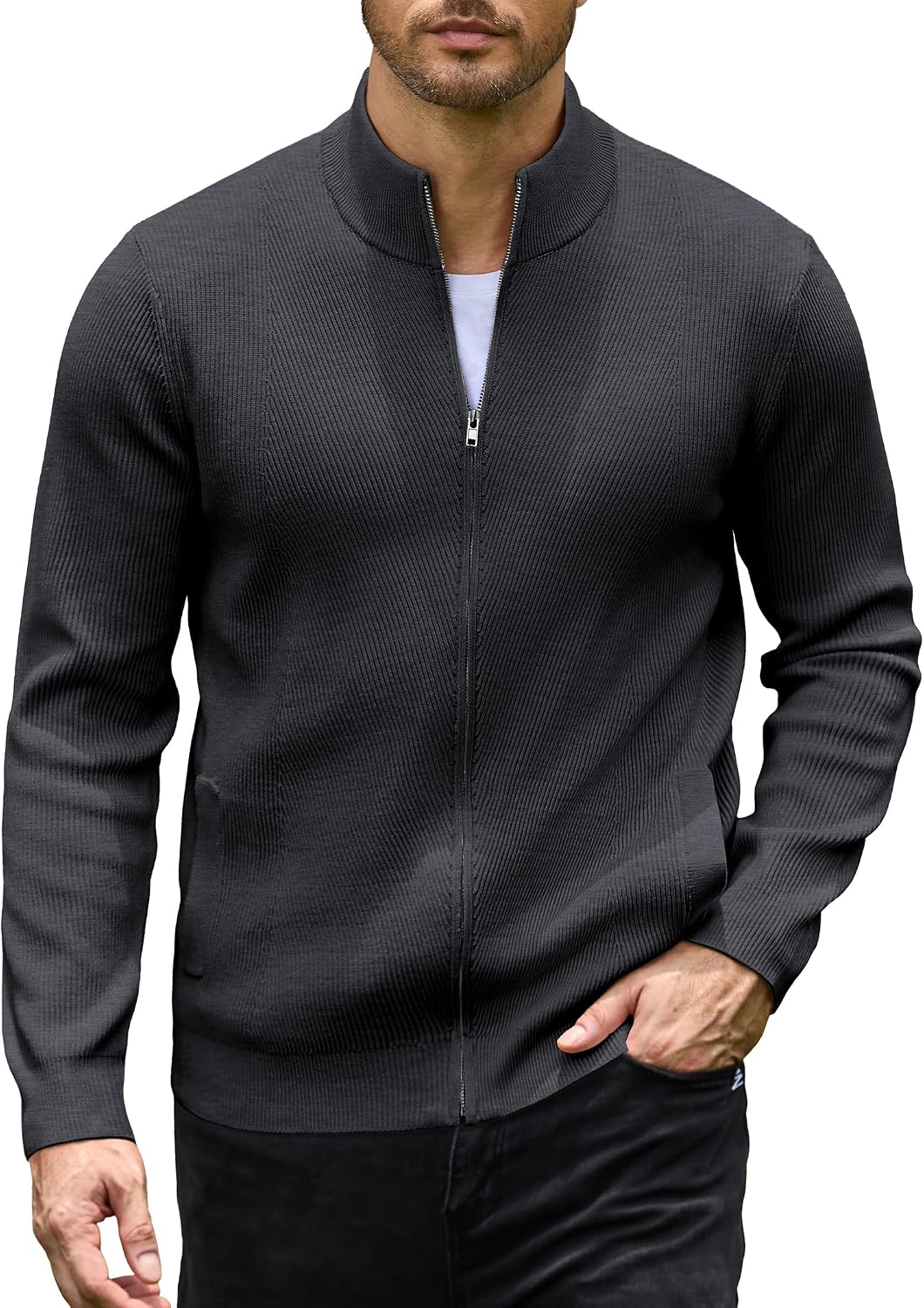 Men's Textured Knit Zip Up Cardigan in Dark Grey