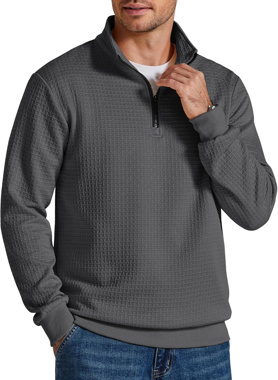 Men's Grid Textured Quarter Zip Sweatshirt - Mock Neck with Contrast Zipper and Relaxed Fit for Fall Days - Medium