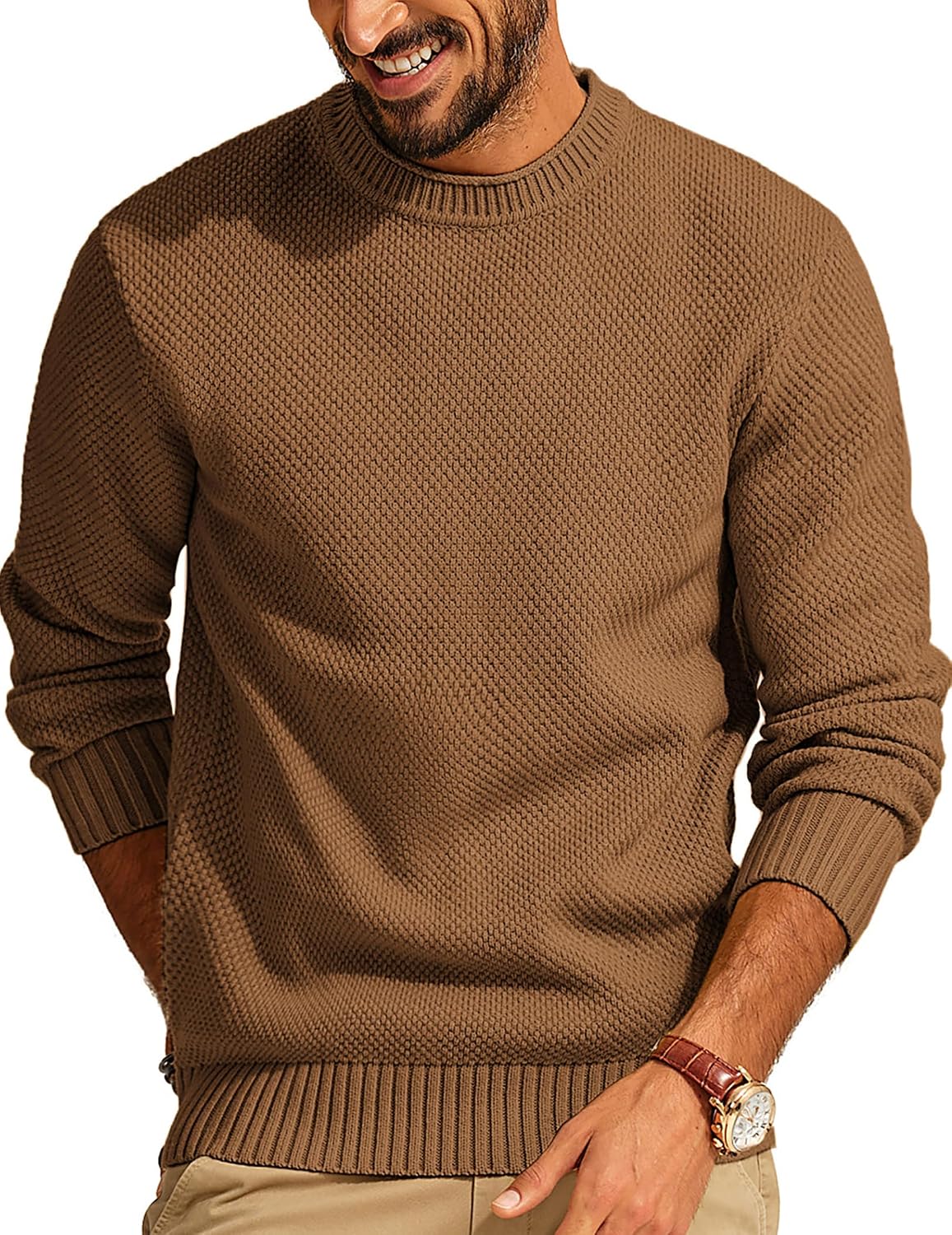 Men's Textured Waffle Knit Crewneck Sweater in Brown