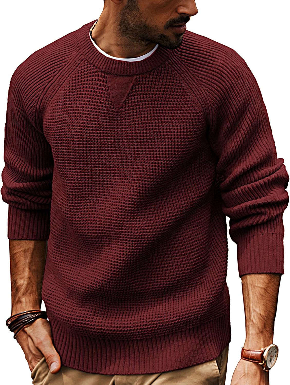 Men's Waffle Knit Crewneck Pullover in Wine Red