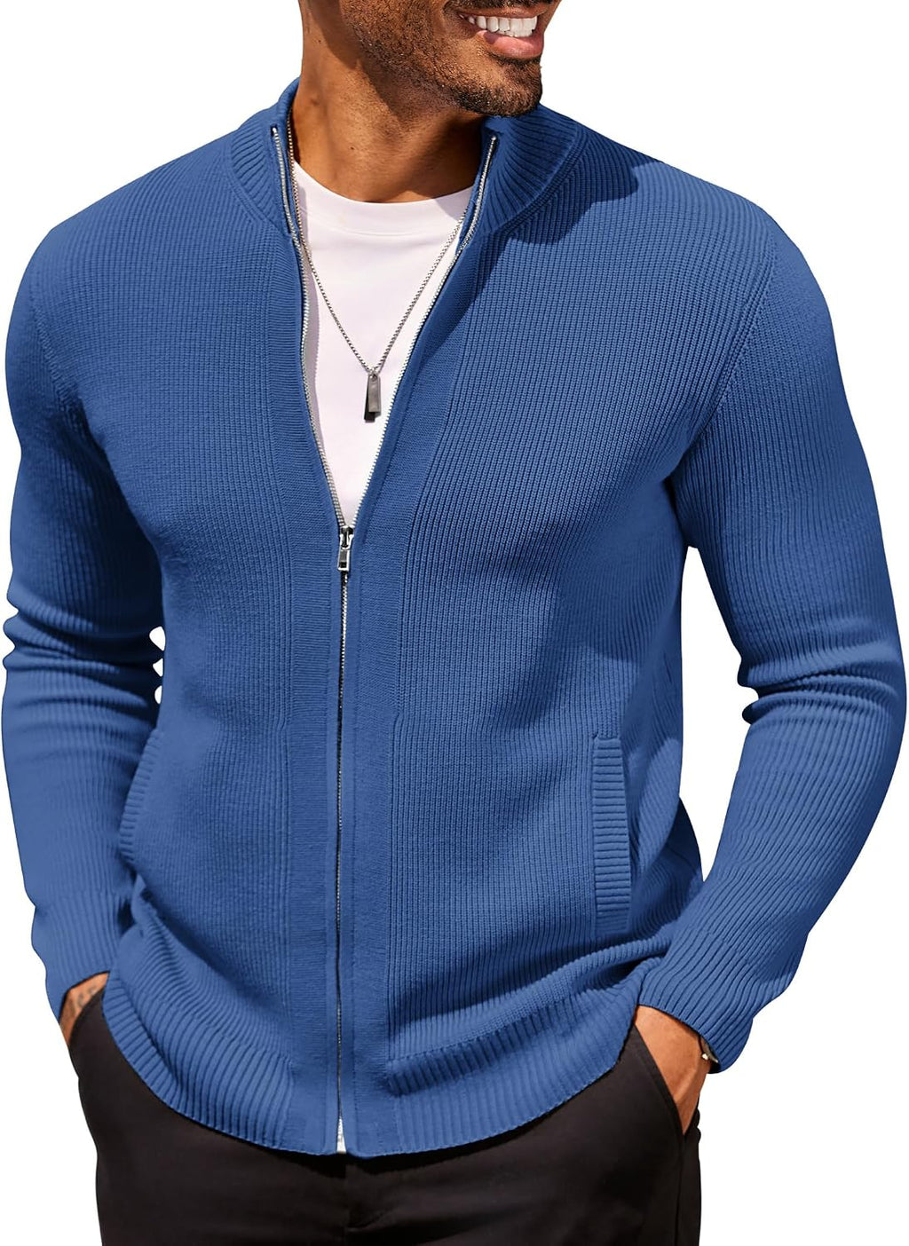 Men's Striped Knit Full Zip Cardigan - Slim Fit with Two Front Pockets and Ribbed Cuffs for Business Casual - Large