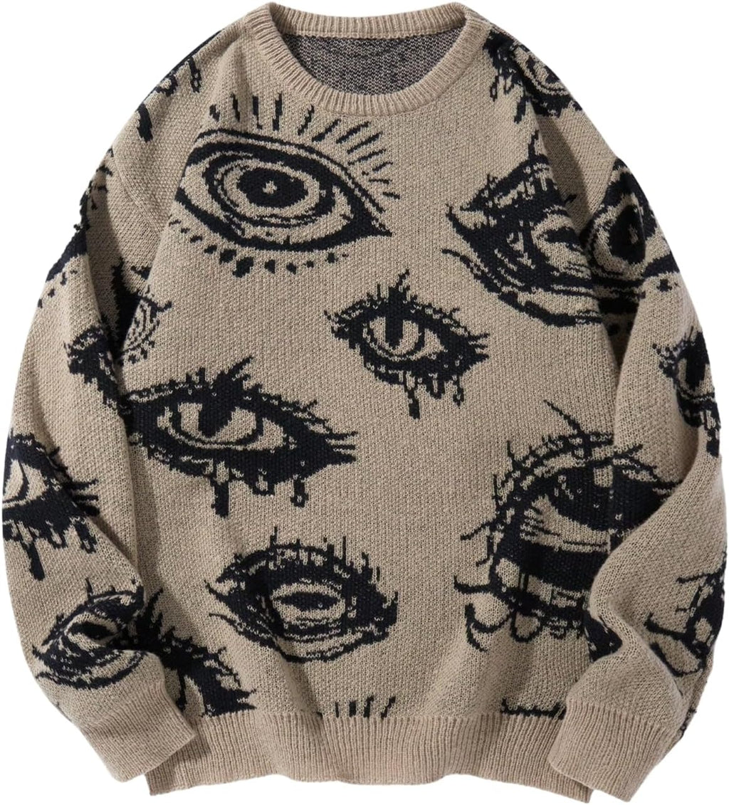 Men's Gothic Graphic Knit Sweater - Oversized Grunge Pullover for Halloween Nights and Winter Streetwear - Medium