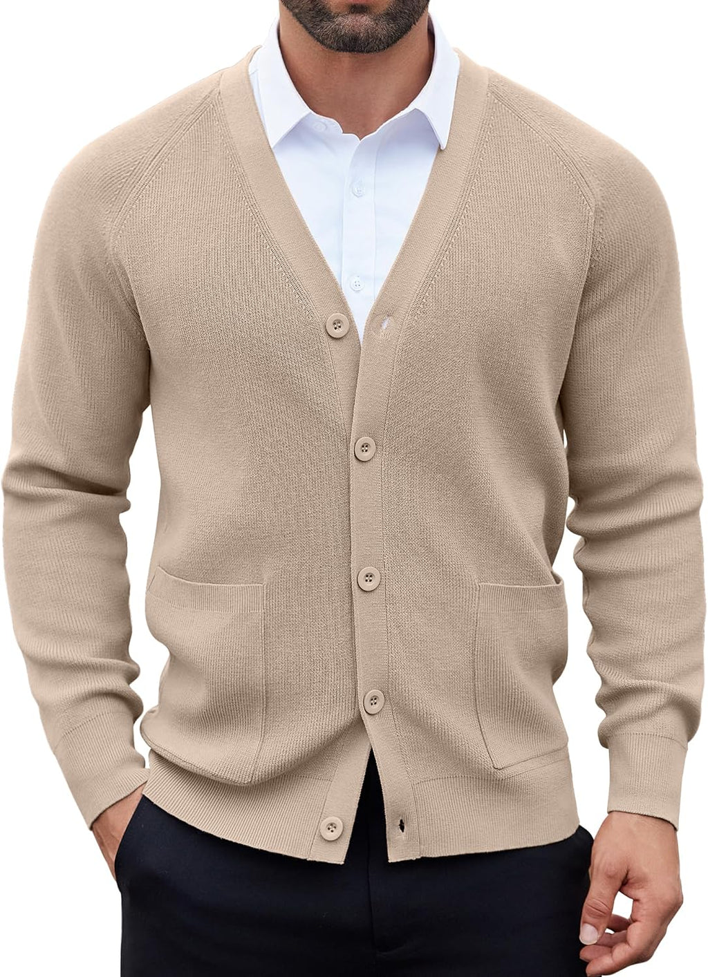 Men's Lightweight V Neck Button Cardigan - Long Sleeve Knit with Front Pockets for Weekends and Office Days - Navy Blue