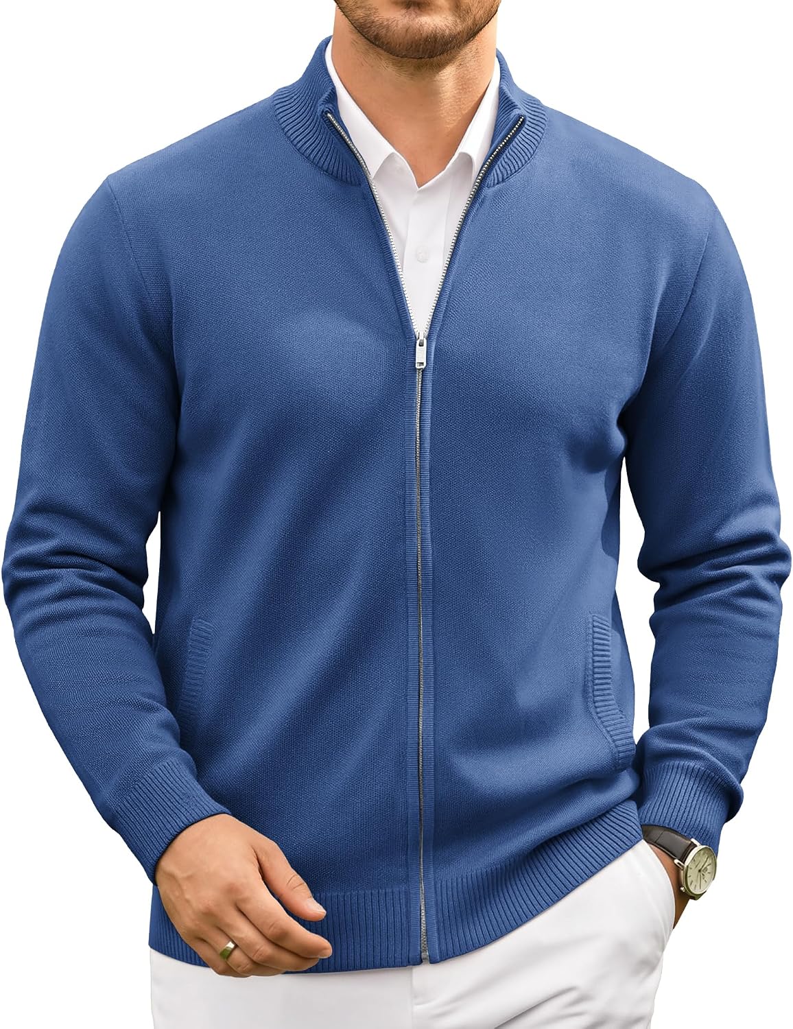 Men's Fair Isle Full Zip Cardigan - Mock Neck Knitwear with Two Slant Pockets and Relaxed Fit for Winter - Small
