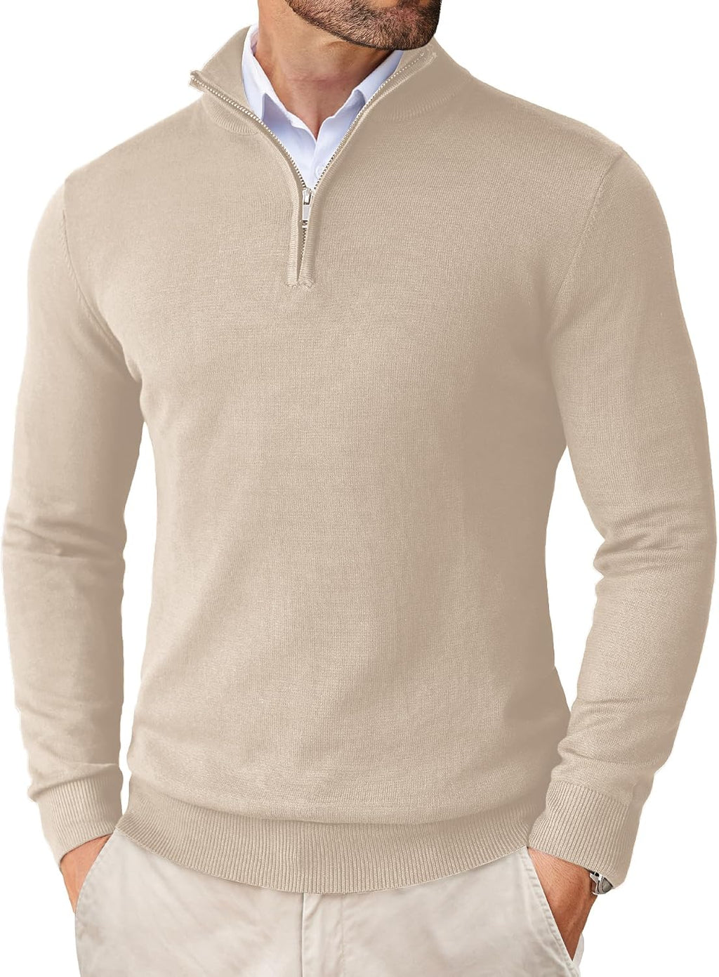 Men's Lightweight Knit Quarter Zip Pullover - Slim Fit Mock Neck with Metal Zipper Pull for Fall Office Days - Large
