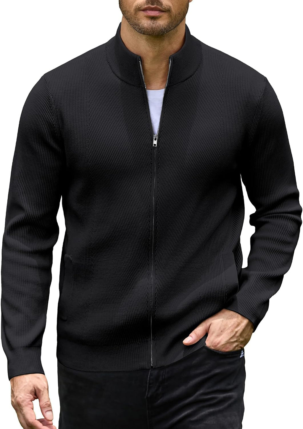 Men's Textured Knit Zip Up Cardigan - Stand Collar with Two Deep Slant Pockets for Office Days and Cool Evenings - Small