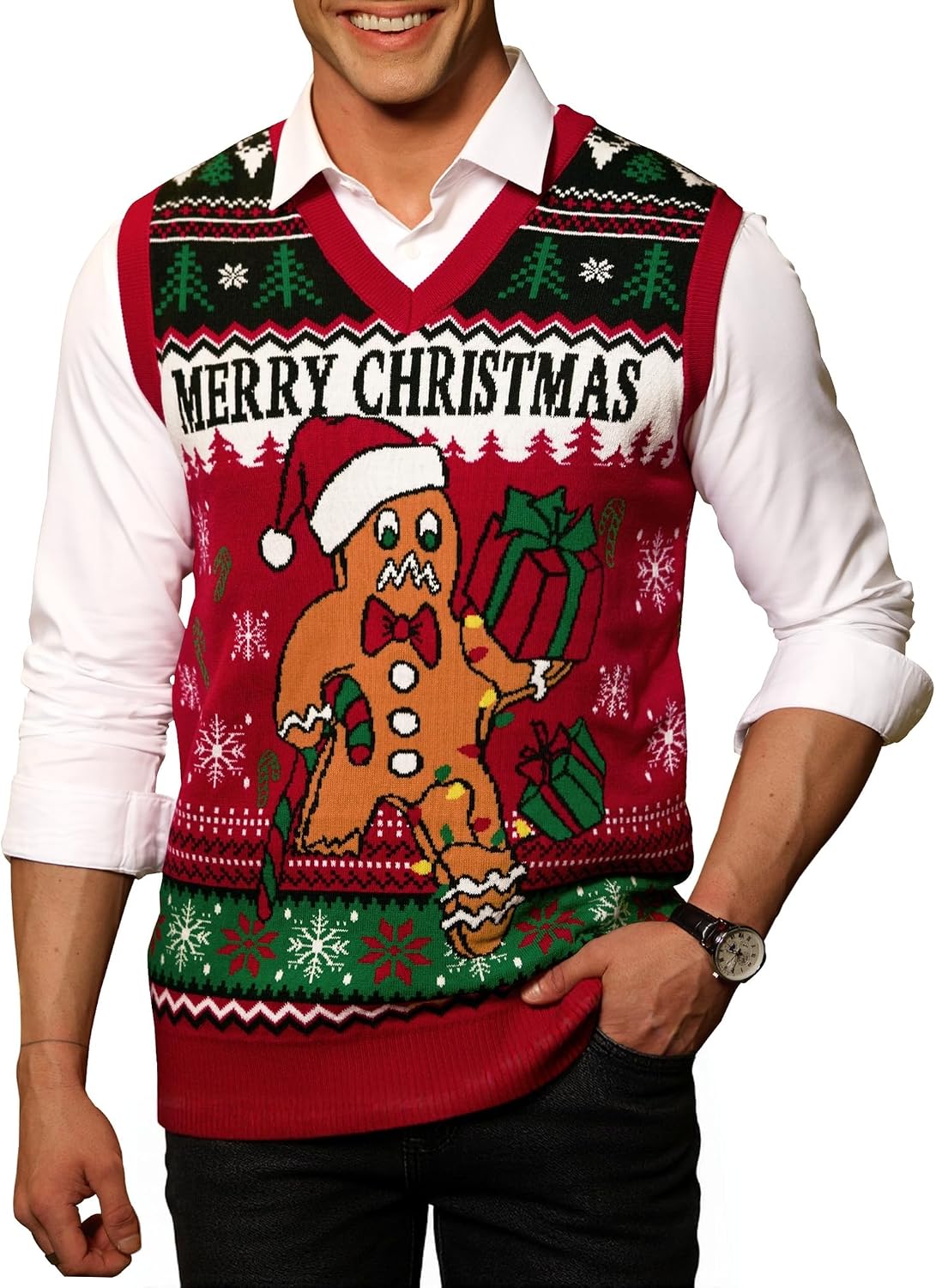 Men's Christmas Sweater Vest - V Neck Sleeveless Knit with Santa and Gingerbread Motifs in Sizes S to 3XL - Gray - Jesus