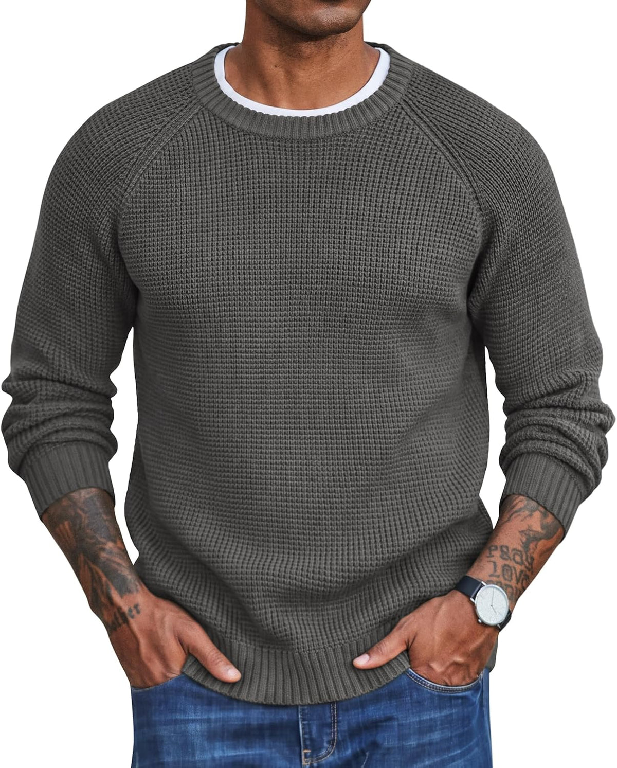 Men's Thick Waffle Knit Crewneck Sweater in Dark Grey