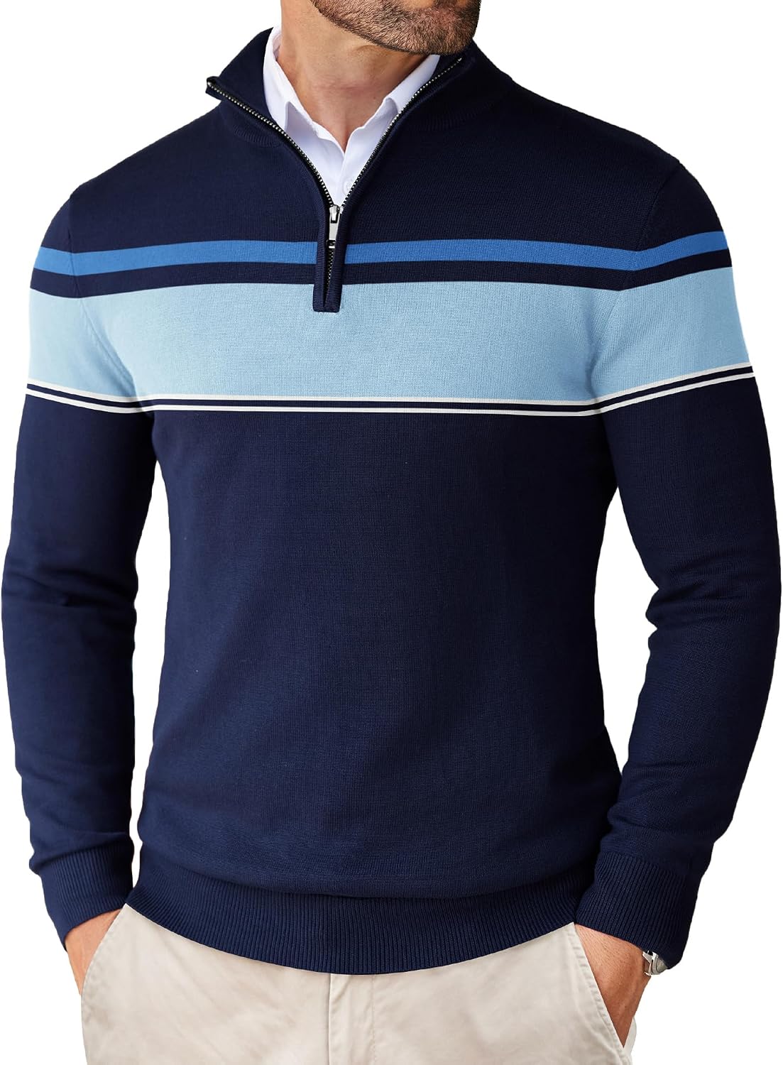Men's Lightweight Knit Quarter Zip Pullover - Slim Fit Mock Neck with Metal Zipper Pull for Fall Office Days - Large (29