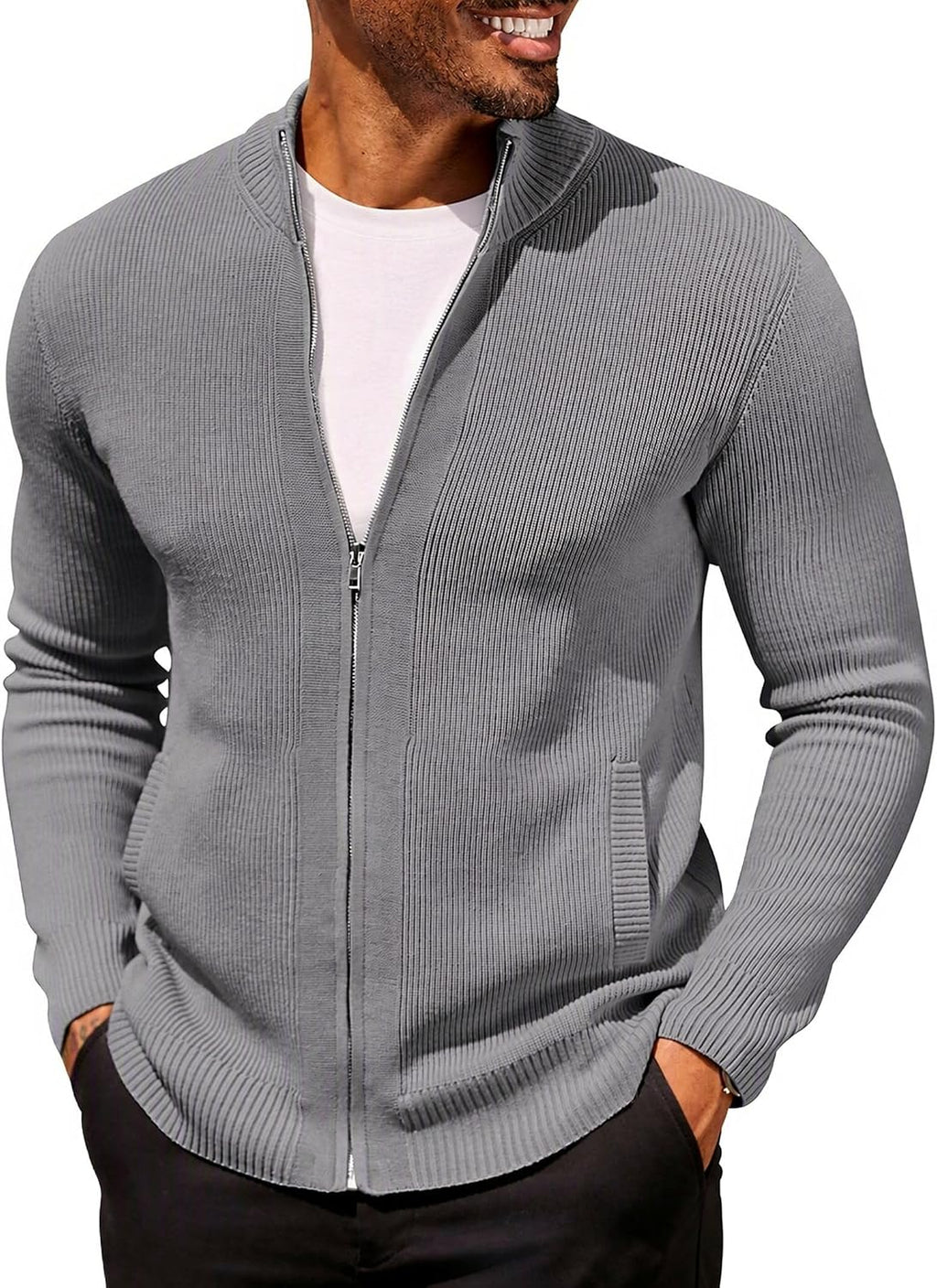 Men's Striped Knit Full Zip Cardigan - Slim Fit with Two Front Pockets and Ribbed Cuffs for Business Casual - Small