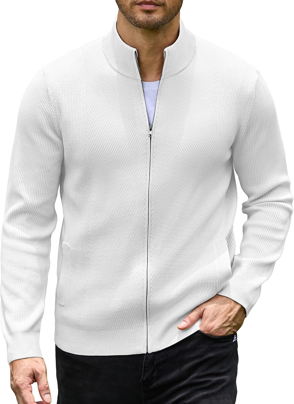 Men's Textured Knit Zip Up Cardigan - Stand Collar with Two Deep Slant Pockets for Office Days and Cool Evenings - Mediu