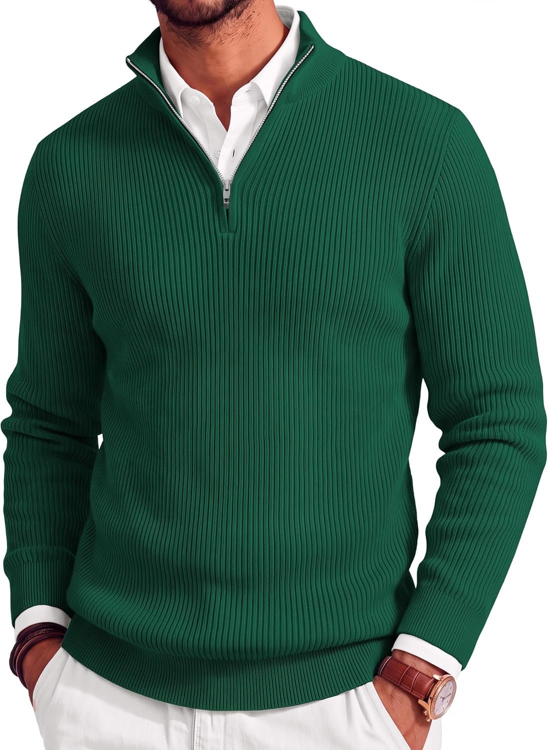 Men's Lightweight Ribbed Knit Quarter Zip Pullover - Slim Fit Mock Neck in Solid Color for Golf and Travel - Large