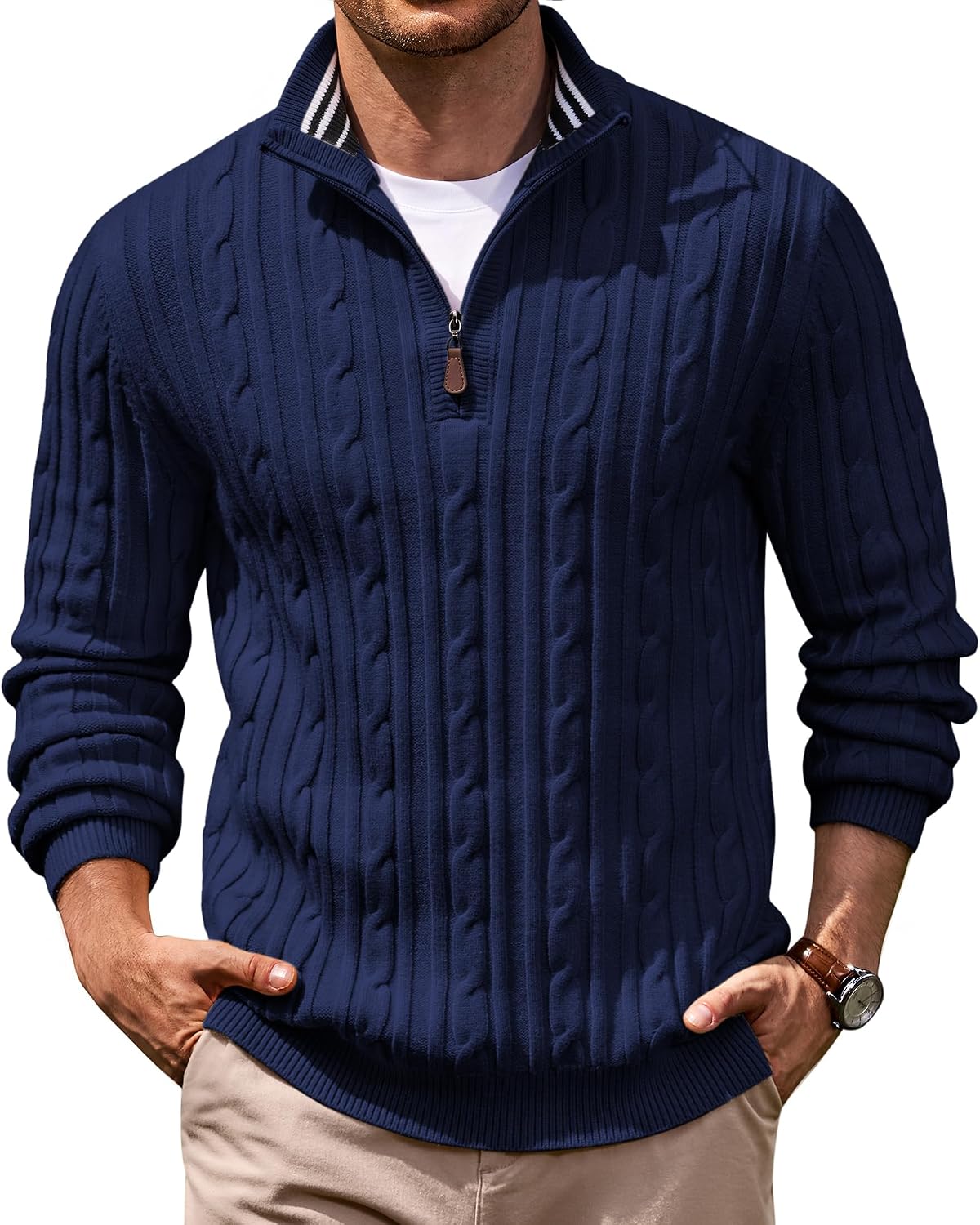 Men's Cable Knit Quarter Zip Sweater - Mock Neck Collar with Textured Cable Panels for Business Layering - Small