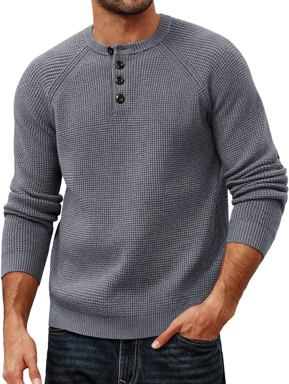 Men's Waffle Knit Henley Sweater - Textured Long Sleeve Pullover with Button Placket for Fall Layering - Small