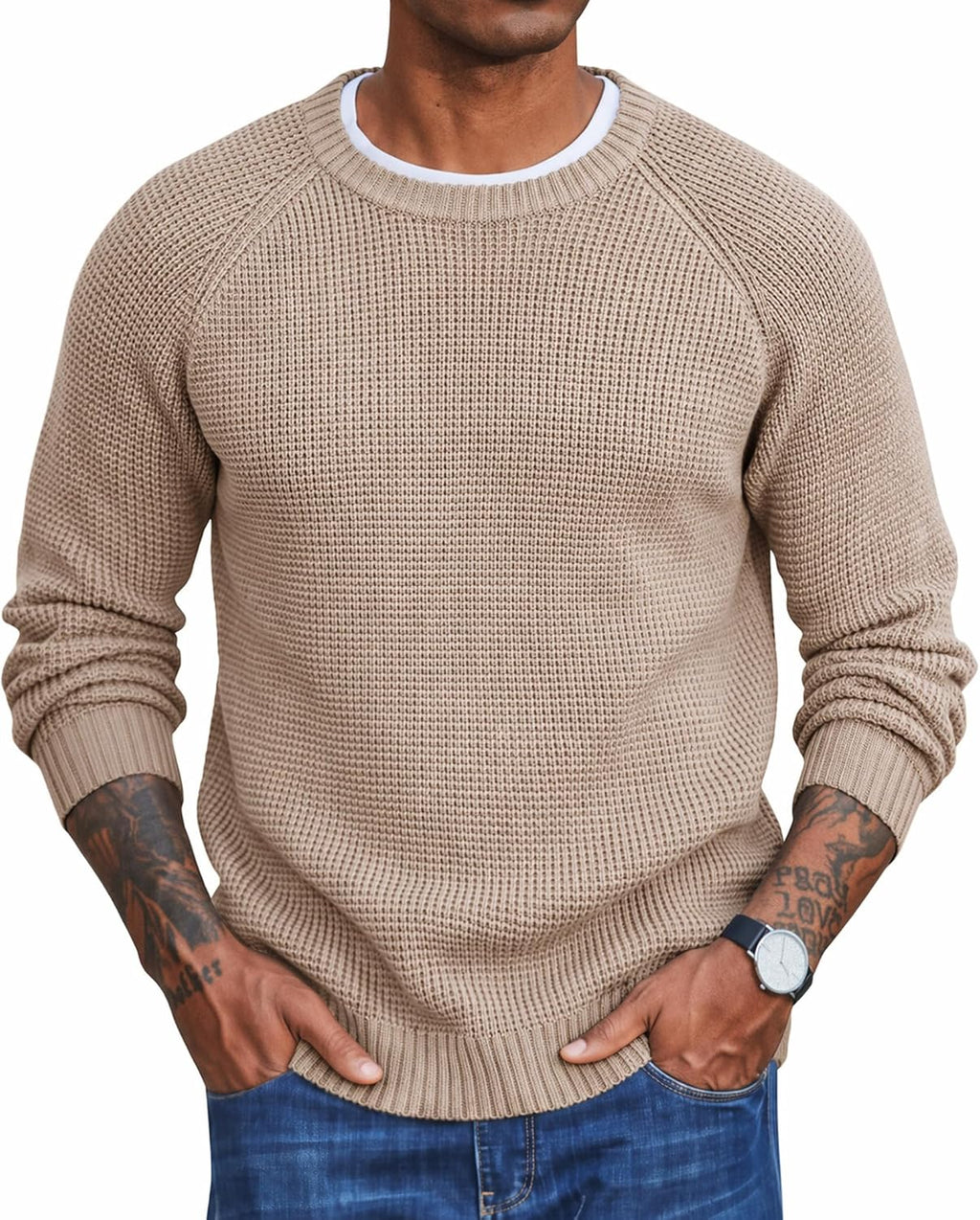 Men's Thick Waffle Knit Crewneck Sweater - Raglan Long Sleeve Stretch Pullover for Cold Weather Layering - Small
