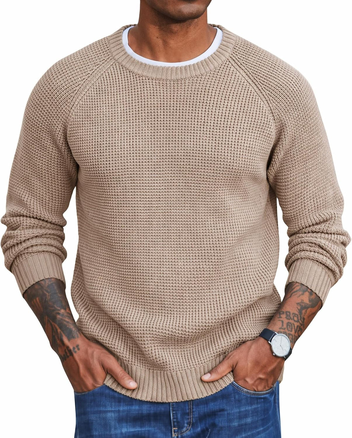 Men's Thick Waffle Knit Crewneck Sweater - Raglan Long Sleeve Stretch Pullover for Cold Weather Layering - Small