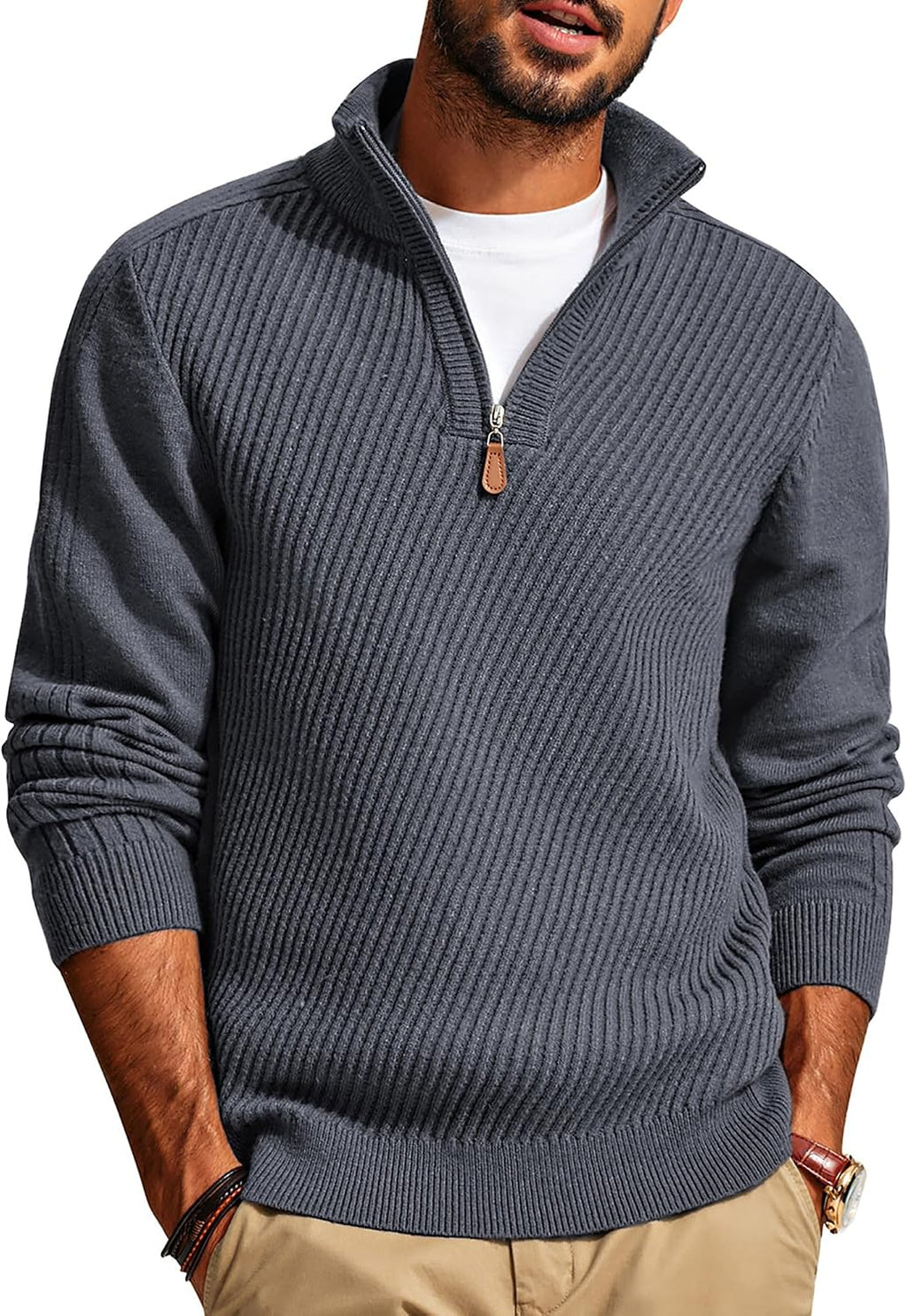 Men's Textured Knit Half Zip Pullover - Mock Neck Slim Fit Lightweight Sweater for Office, Church and Travel - Small