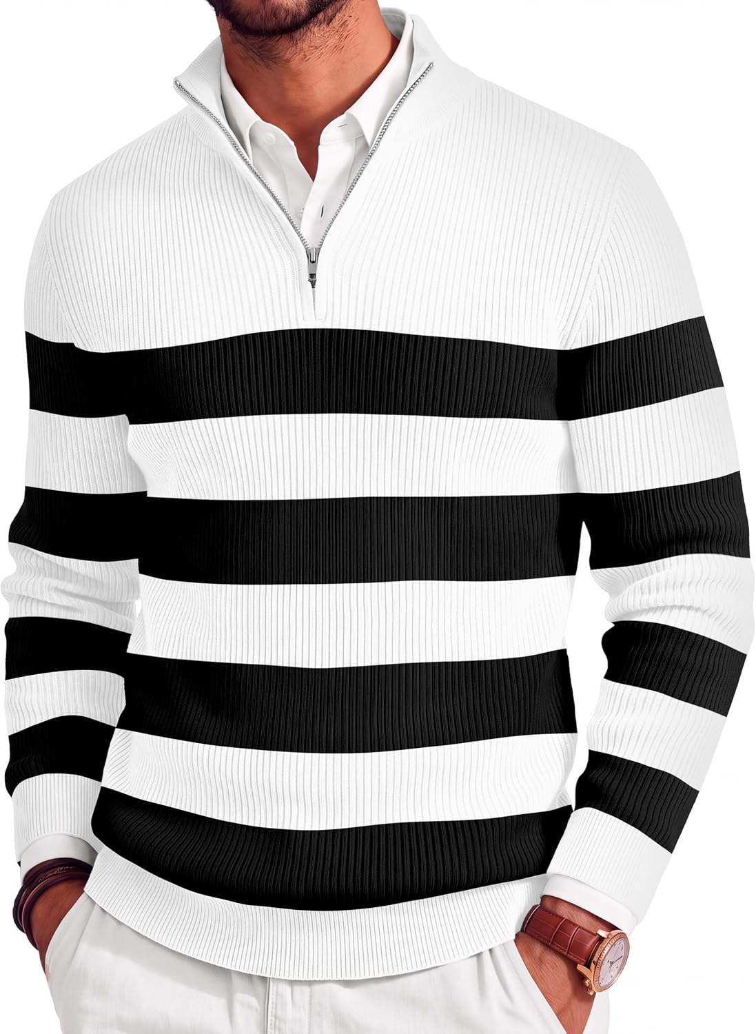Men's Lightweight Ribbed Knit Quarter Zip Pullover - Slim Fit Mock Neck in Solid Color for Golf and Travel - Medium