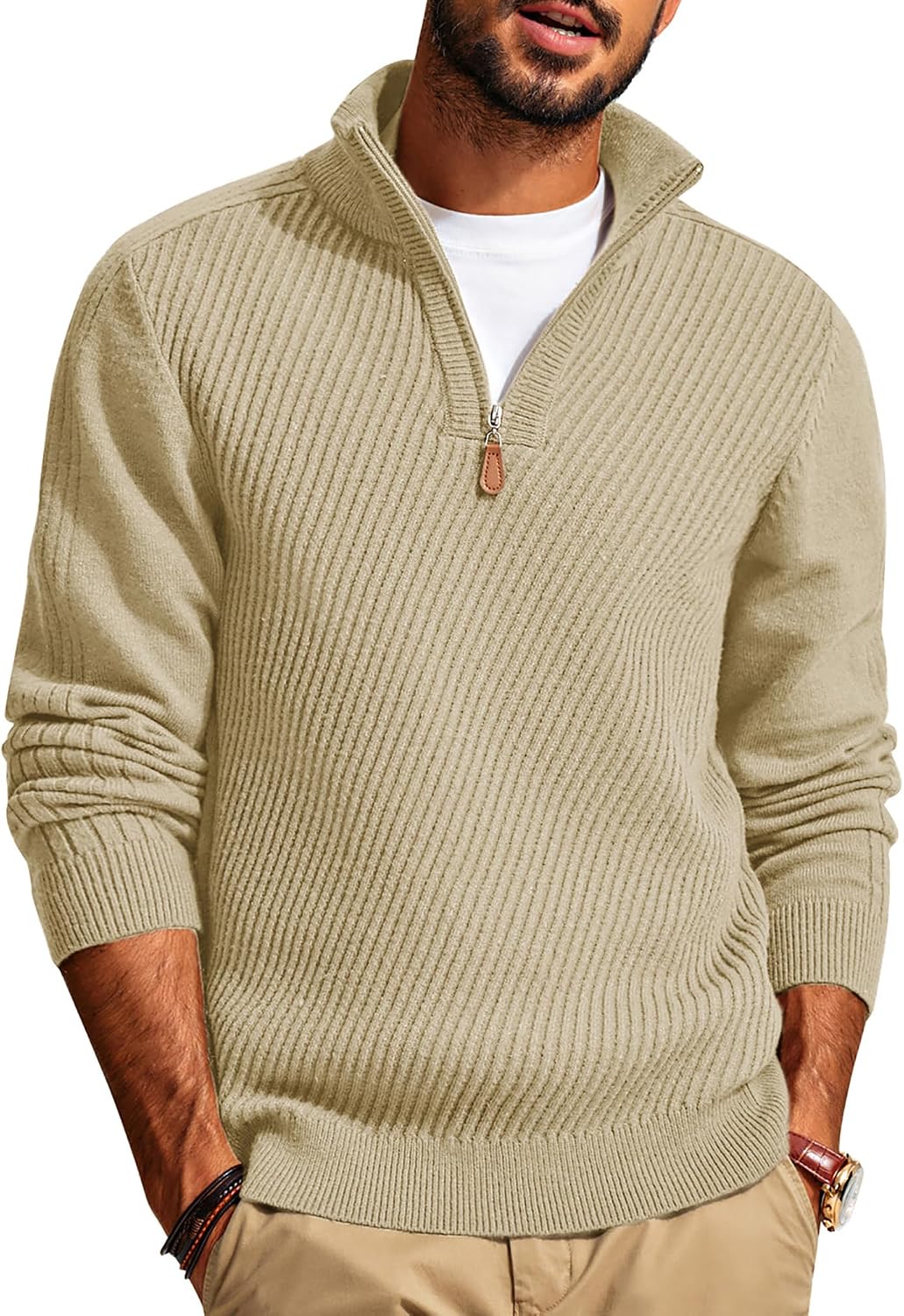 Men's Textured Knit Half Zip Pullover in Khaki