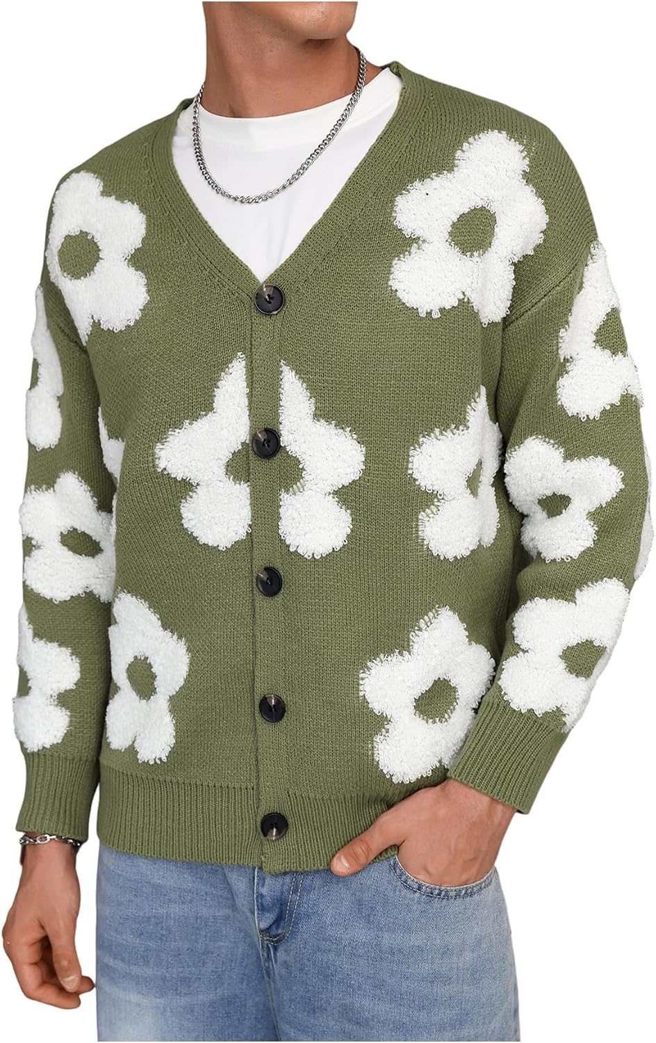 Skeleton Pattern Chunky Knit Cardigan in Floral Green