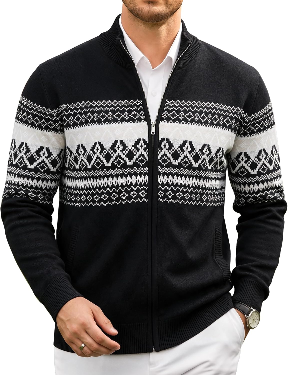 Men's Fair Isle Full Zip Cardigan - Mock Neck Knitwear with Two Slant Pockets and Relaxed Fit for Winter - Small