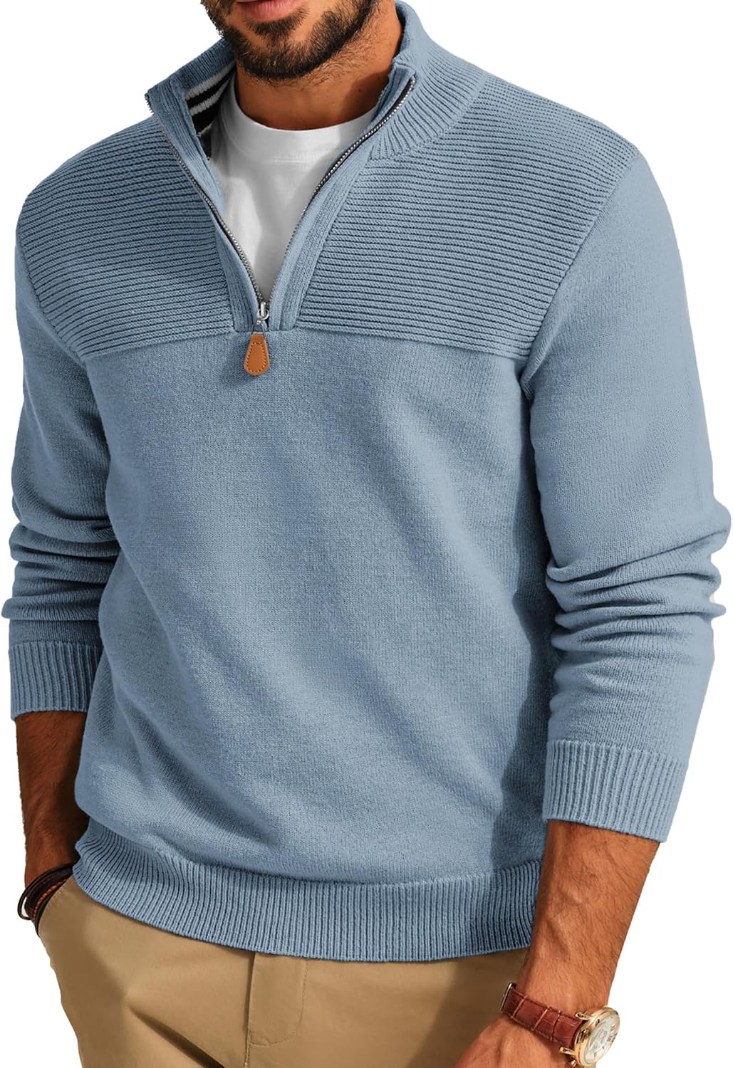 Men's Knit Textured Quarter Zip Pullover - Mock Neck Slim Fit Sweater with Soft Warm Feel for Casual Workdays - Medium