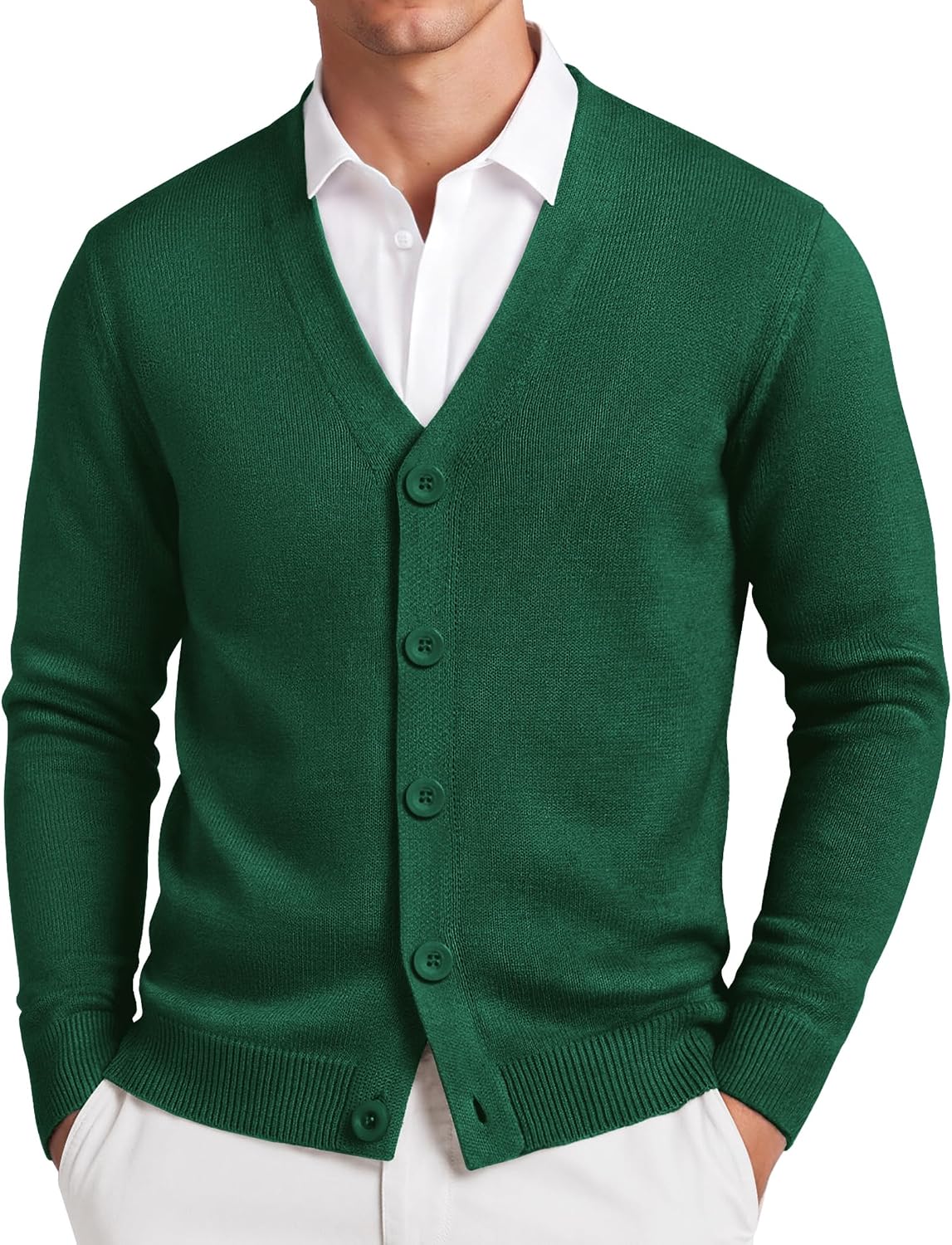Men's Lightweight V Neck Knit Cardigan - Button Down with Ribbed Hem and Stretch for Dress and Office Wear - Small