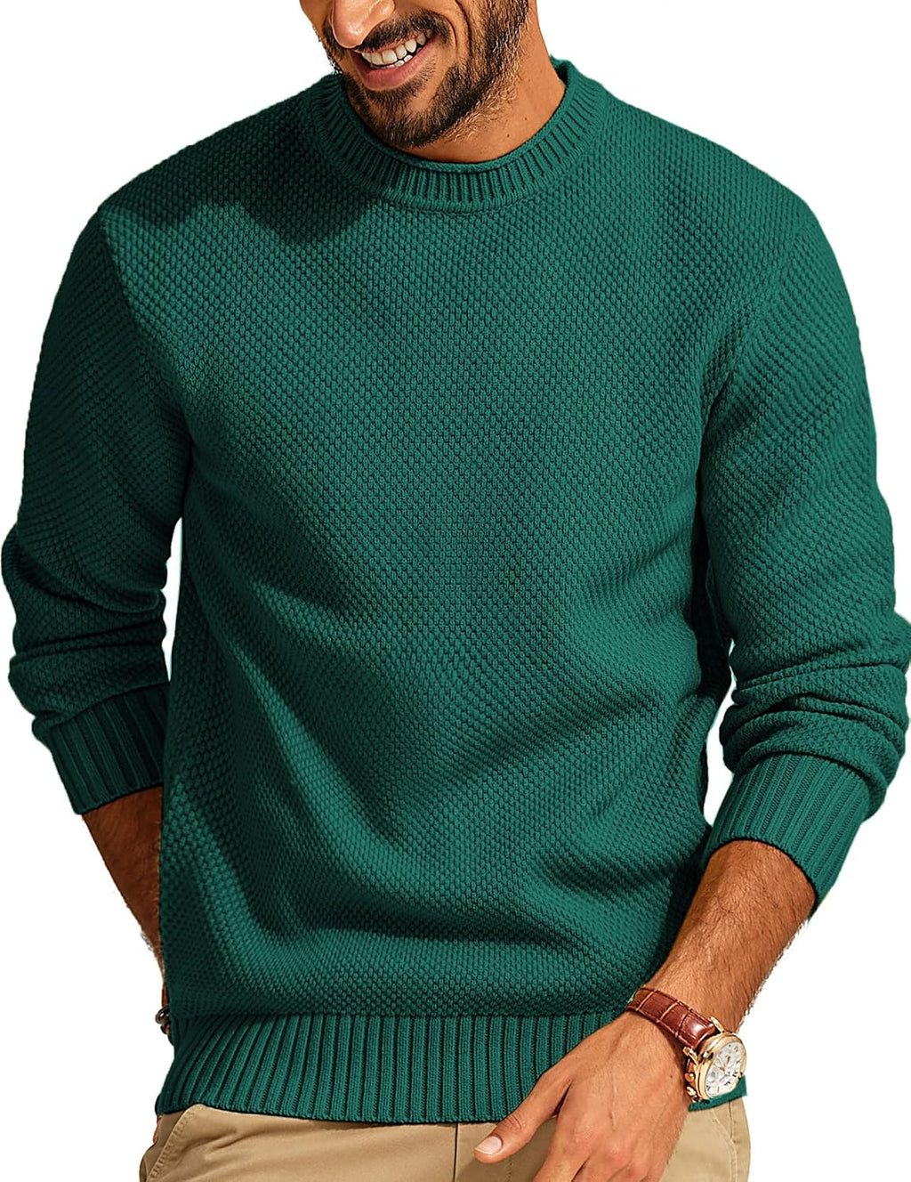 Men's Textured Waffle Knit Crewneck Sweater - Mid Weight Stretch Pullover with Regular Fit for Cold Days - Medium