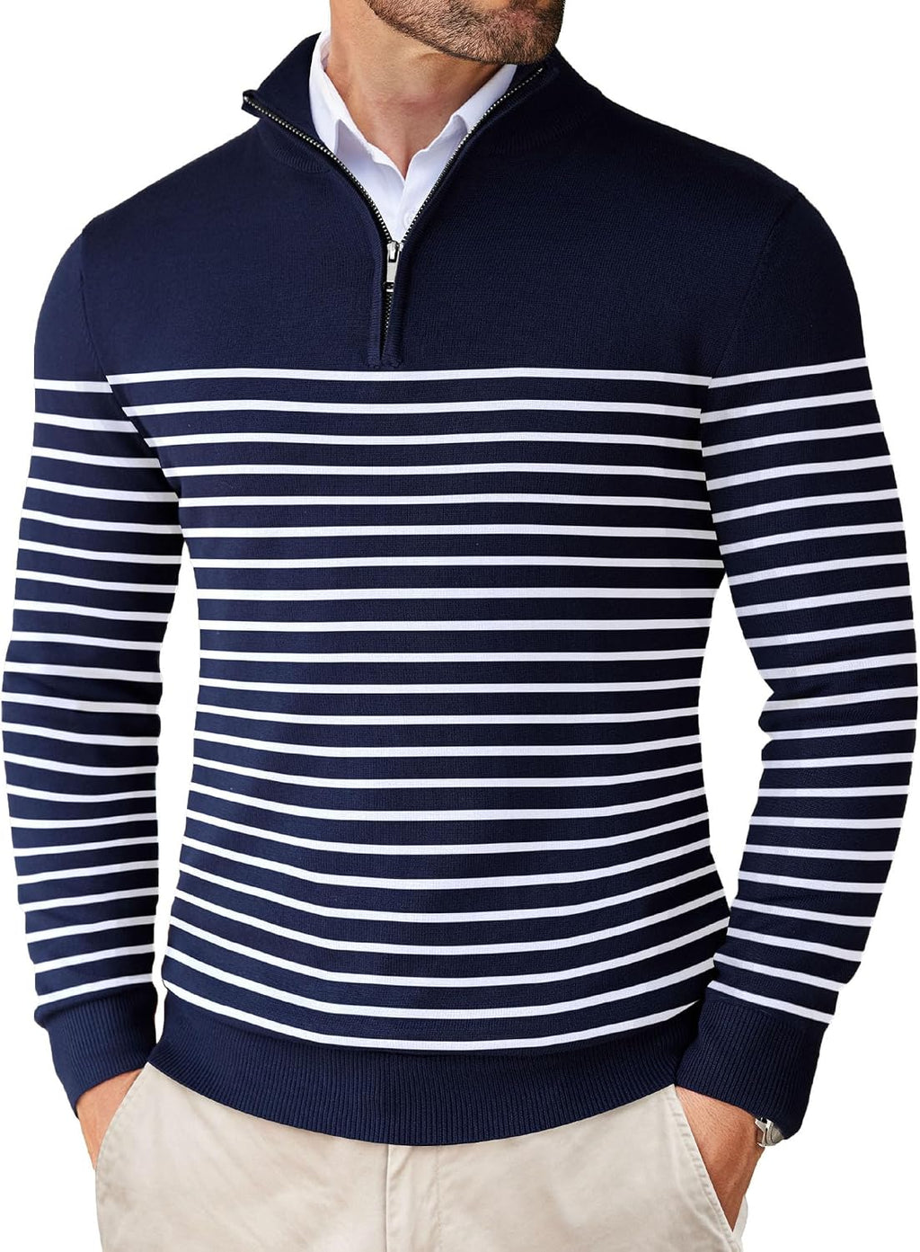 Men's Lightweight Knit Quarter Zip Pullover - Slim Fit Mock Neck with Metal Zipper Pull for Fall Office Days - Small (9)