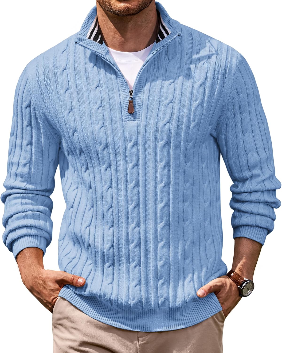 Men's Cable Knit Quarter Zip Sweater - Mock Neck Collar with Textured Cable Panels for Business Layering - Small (6)
