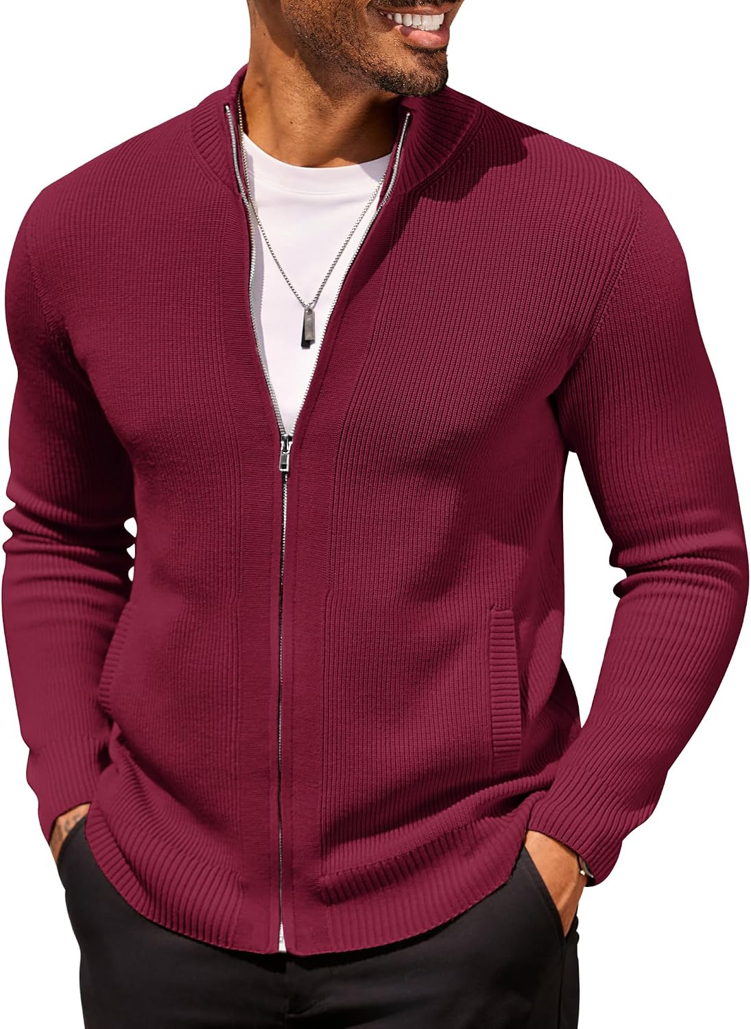 Men's Striped Knit Full Zip Cardigan - Slim Fit with Two Front Pockets and Ribbed Cuffs for Business Casual - Small