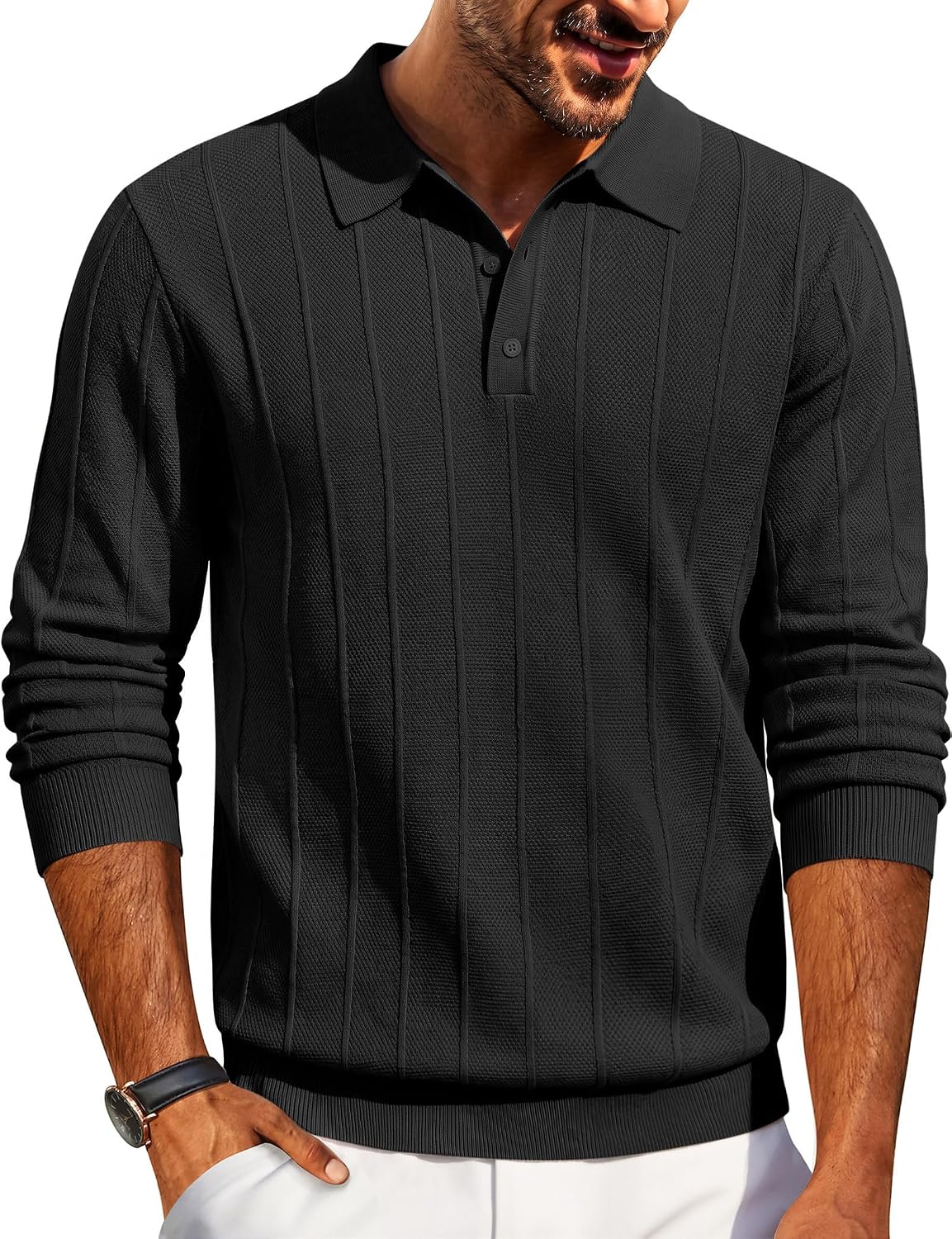 Men's Knit Long Sleeve Polo Sweater - Knitted Collar with High Stretch Cuffs and Hem for Office and Dinners - Small