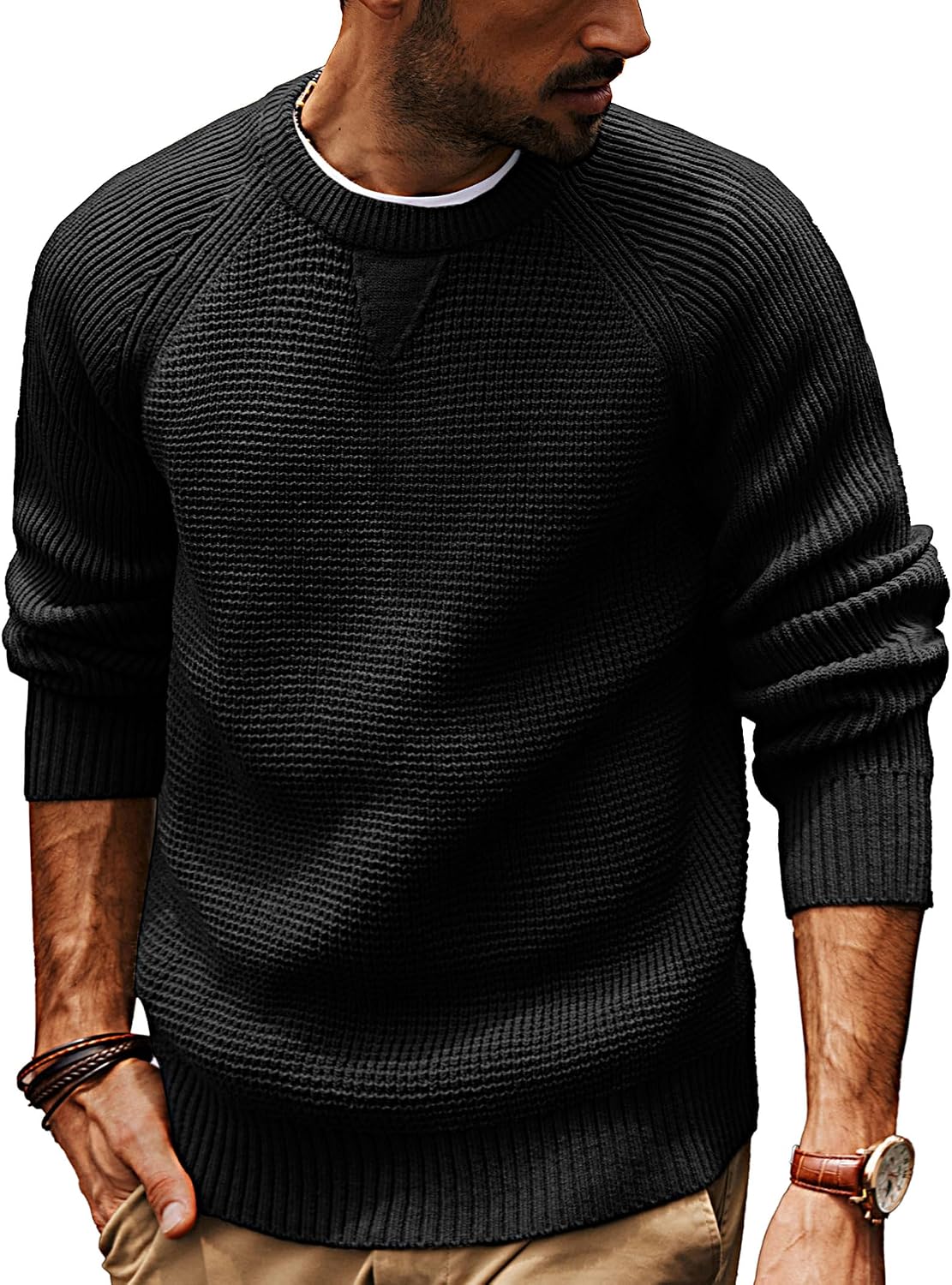 Men's Waffle Knit Crewneck Pullover in Black