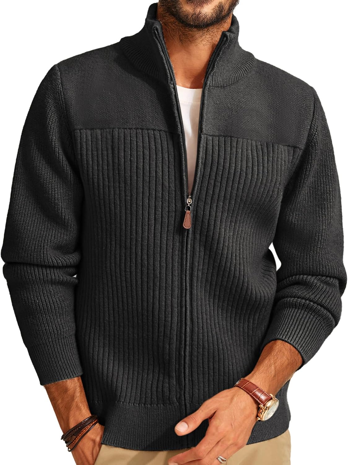 Men's Heavyweight Ribbed Knit Full Zip Cardigan - Stand Collar Regular Fit for Cold Mornings and Camp Trips - Medium