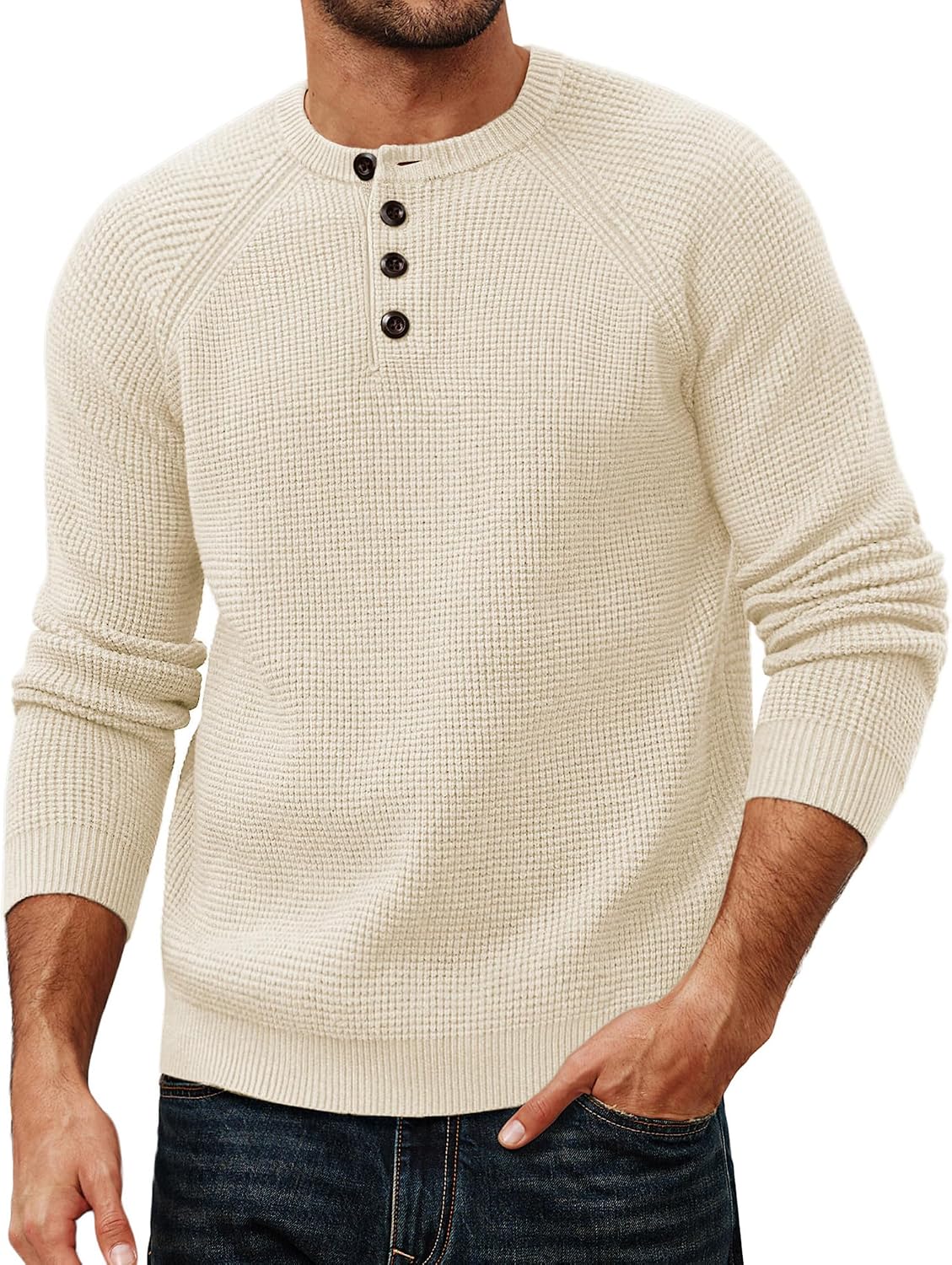 Men's Waffle Knit Henley Sweater in White