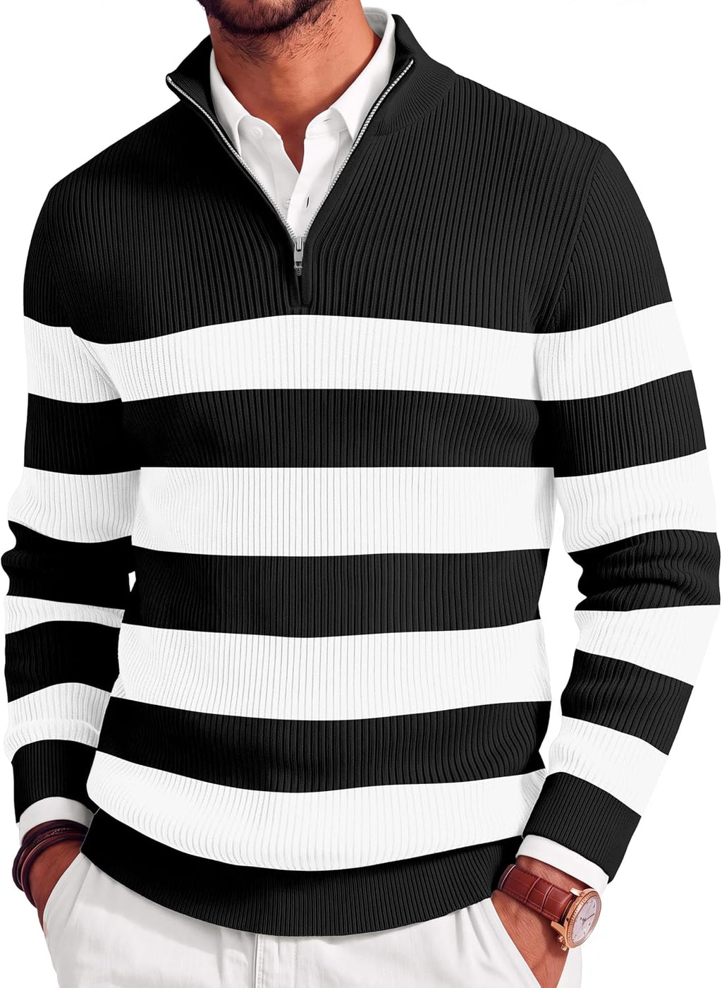 Men's Lightweight Ribbed Knit Quarter Zip Pullover - Slim Fit Mock Neck in Solid Color for Golf and Travel - Large