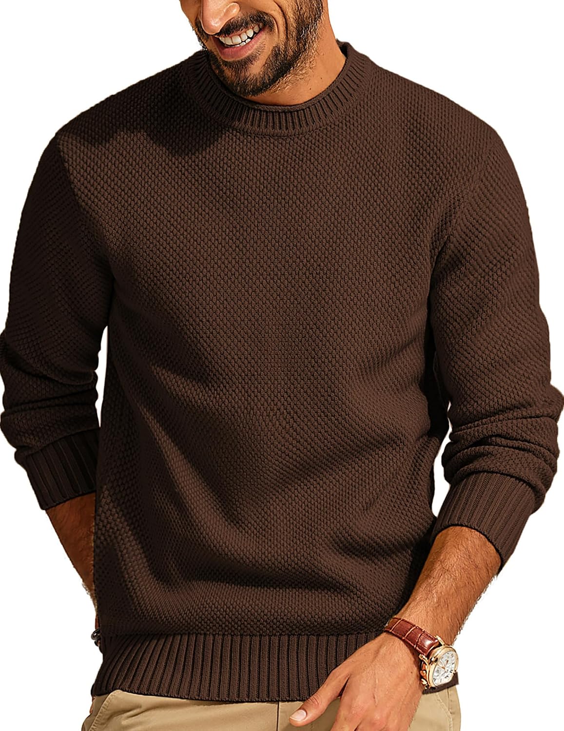 Men's Textured Waffle Knit Crewneck Sweater in Coffee