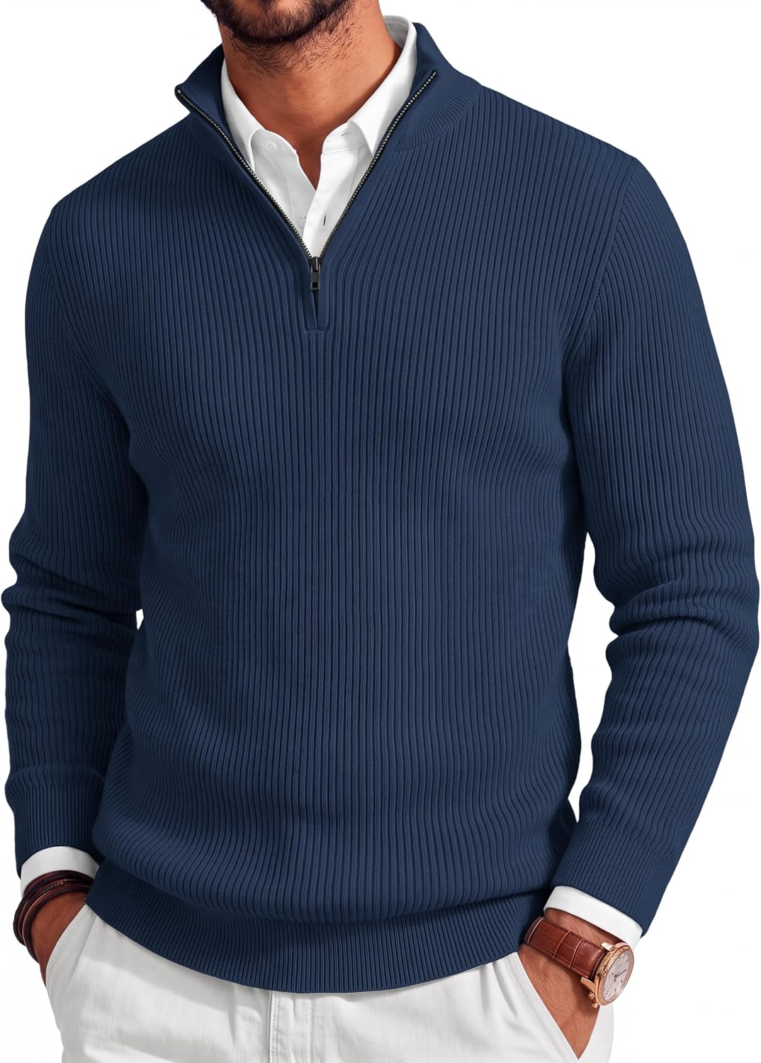 Men's Lightweight Ribbed Knit Quarter Zip Pullover - Slim Fit Mock Neck in Solid Color for Golf and Travel - Small