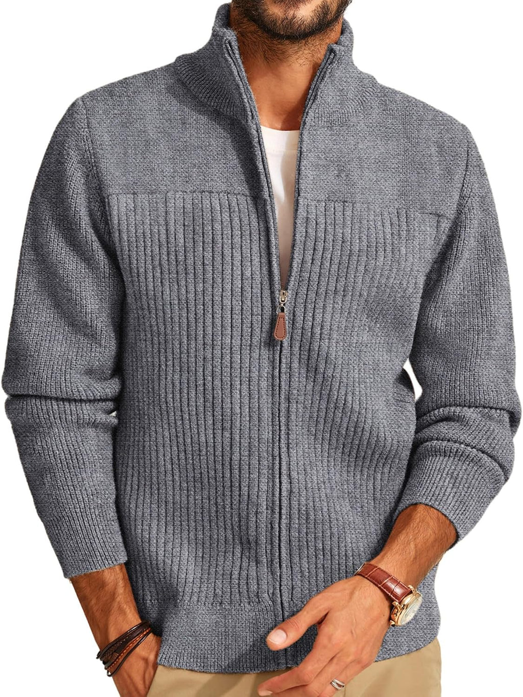 Men's Heavyweight Ribbed Knit Full Zip Cardigan - Stand Collar Regular Fit for Cold Mornings and Camp Trips - Medium