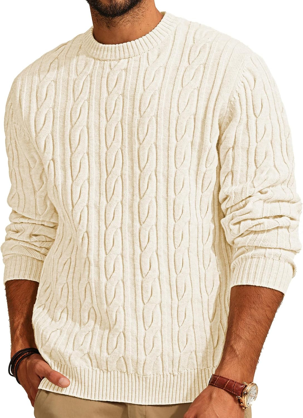 Men's Cable Knit Crewneck Sweater - Twist Textured Regular Fit Pullover in Solid Color for Business Casual Days - Medium