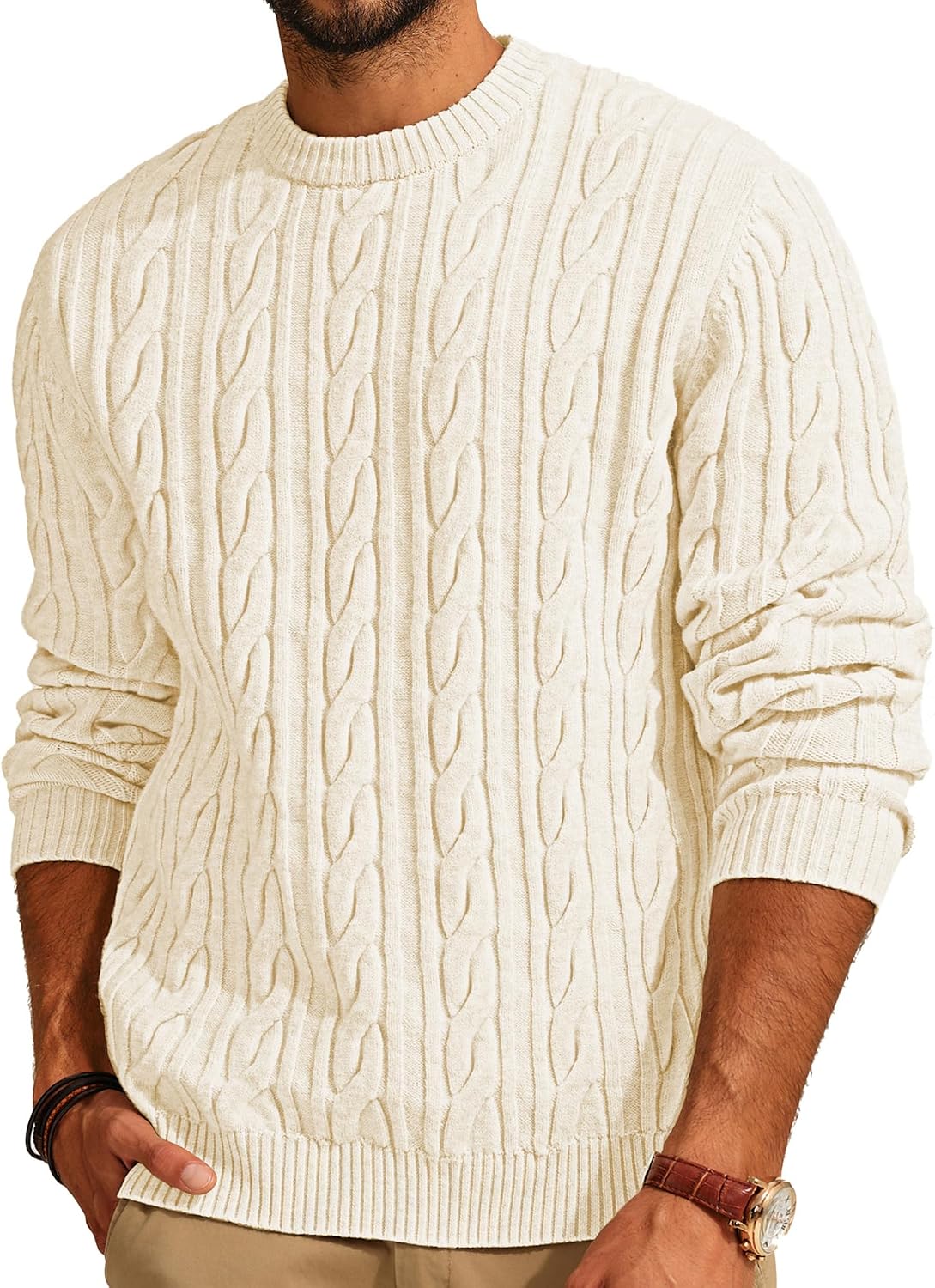 Men's Cable Knit Crewneck Sweater - Twist Textured Regular Fit Pullover in Solid Color for Business Casual Days - Medium