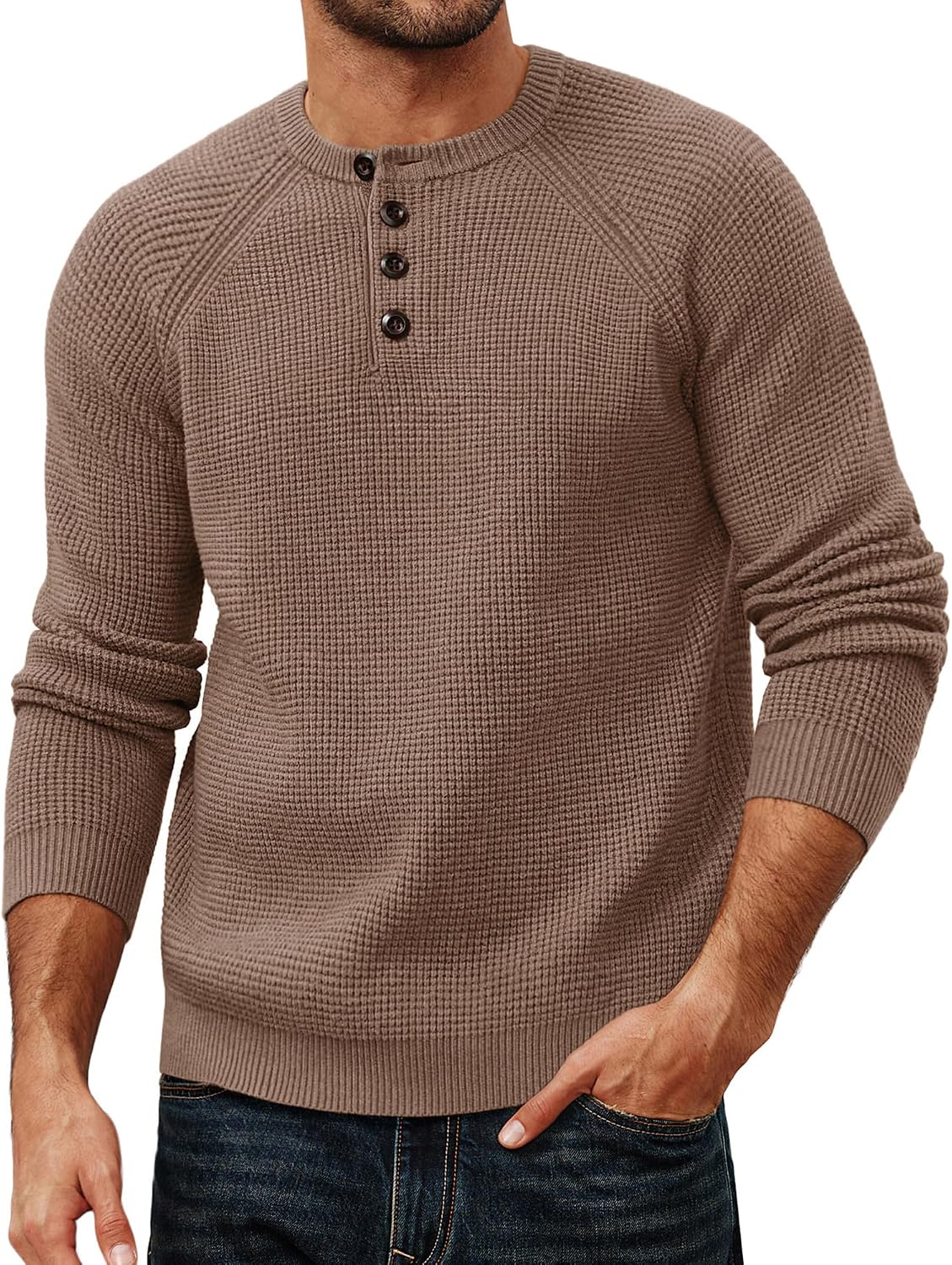 Men's Waffle Knit Henley Sweater in Camel