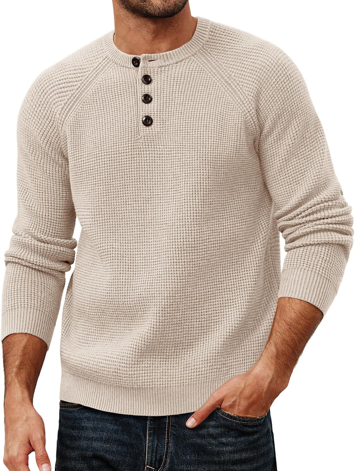Men's Waffle Knit Henley Sweater in Beige