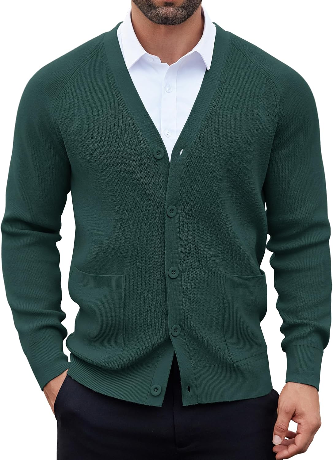 Men's Lightweight V Neck Button Cardigan - Long Sleeve Knit with Front Pockets for Weekends and Office Days - Navy Blue