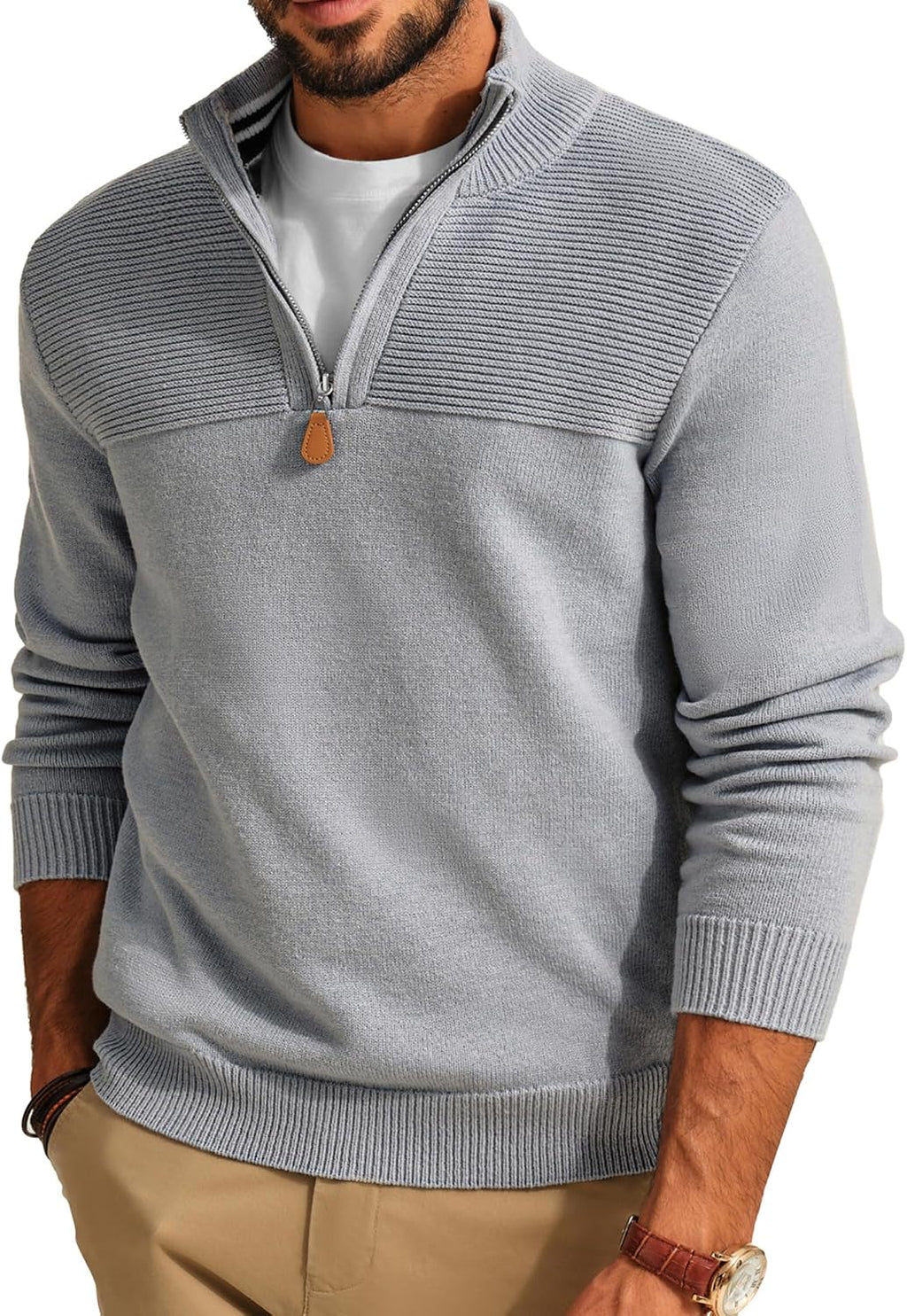 Men's Knit Textured Quarter Zip Pullover - Mock Neck Slim Fit Sweater with Soft Warm Feel for Casual Workdays - Medium